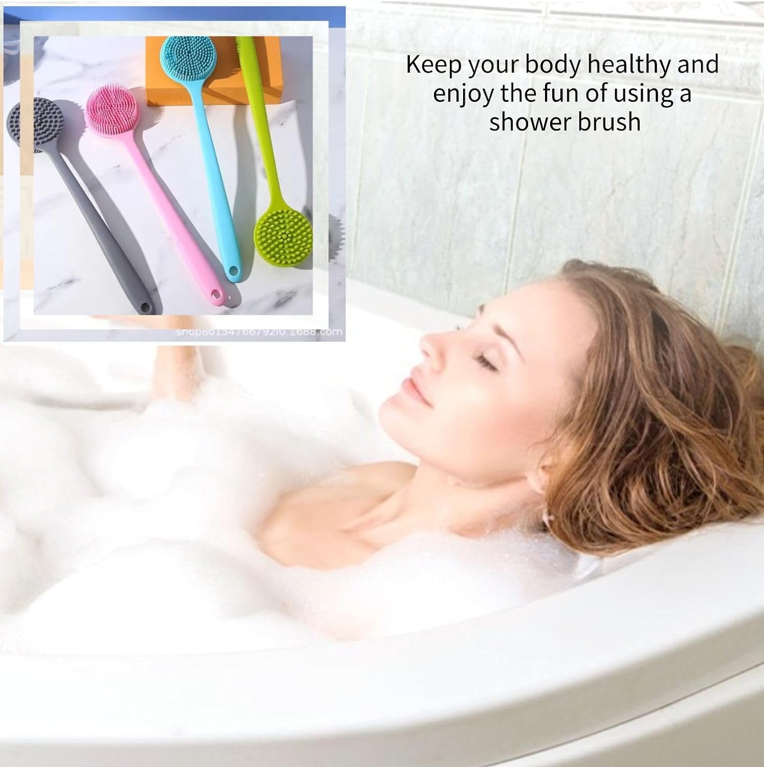 Silicone Back Scrubber for Shower, Body Scrubber with Soft Bristles for Men Women, Long Handle Bath Brush Skin Exfoliator Wet or Dry Body Brush, Shower Back Washer