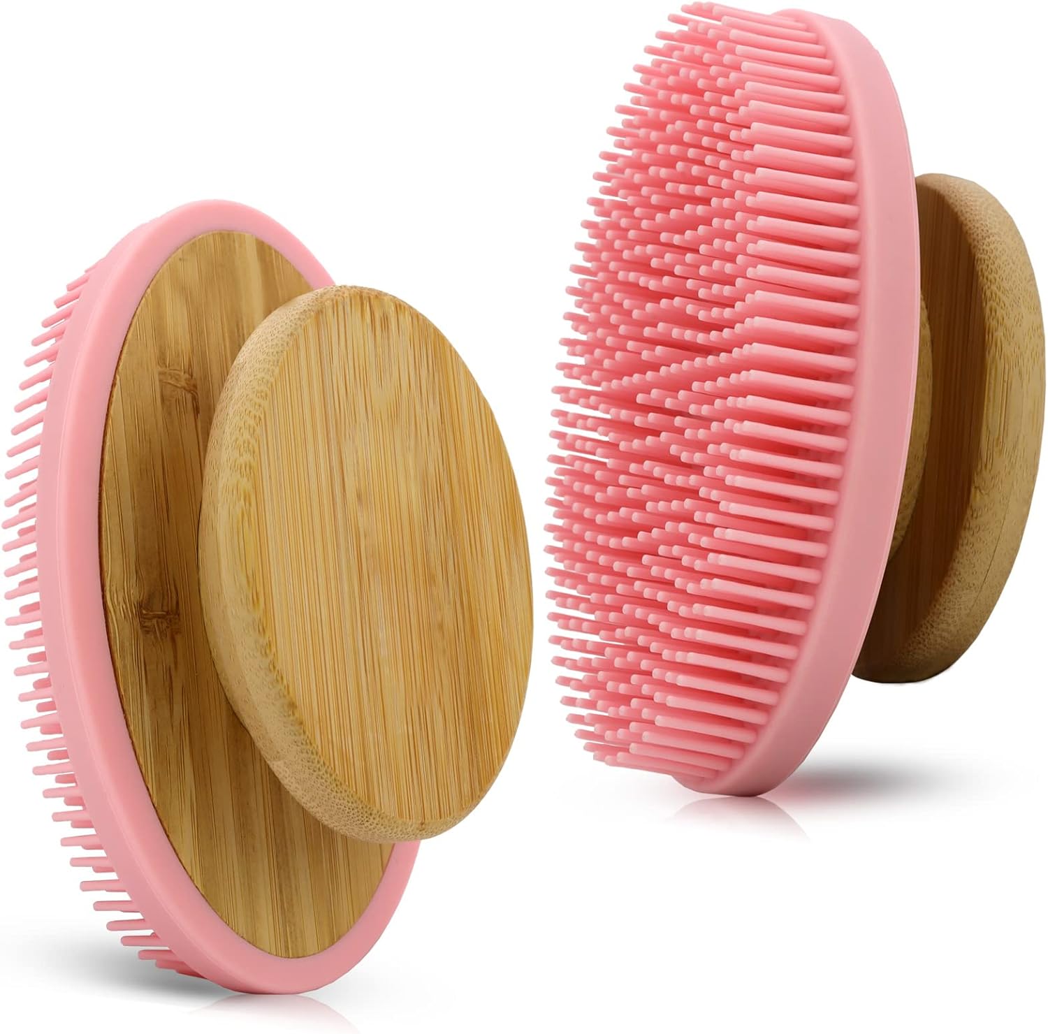 Ozner Food-Grade Soft Silicone Body Scrubber Shower Brush, Cleans and Removes Dead Skin - Foam-Rich Brush, Non-Slip Bamboo Handle Silicone Loofah, Durable and Easy to Clean, 1pc (Pink)