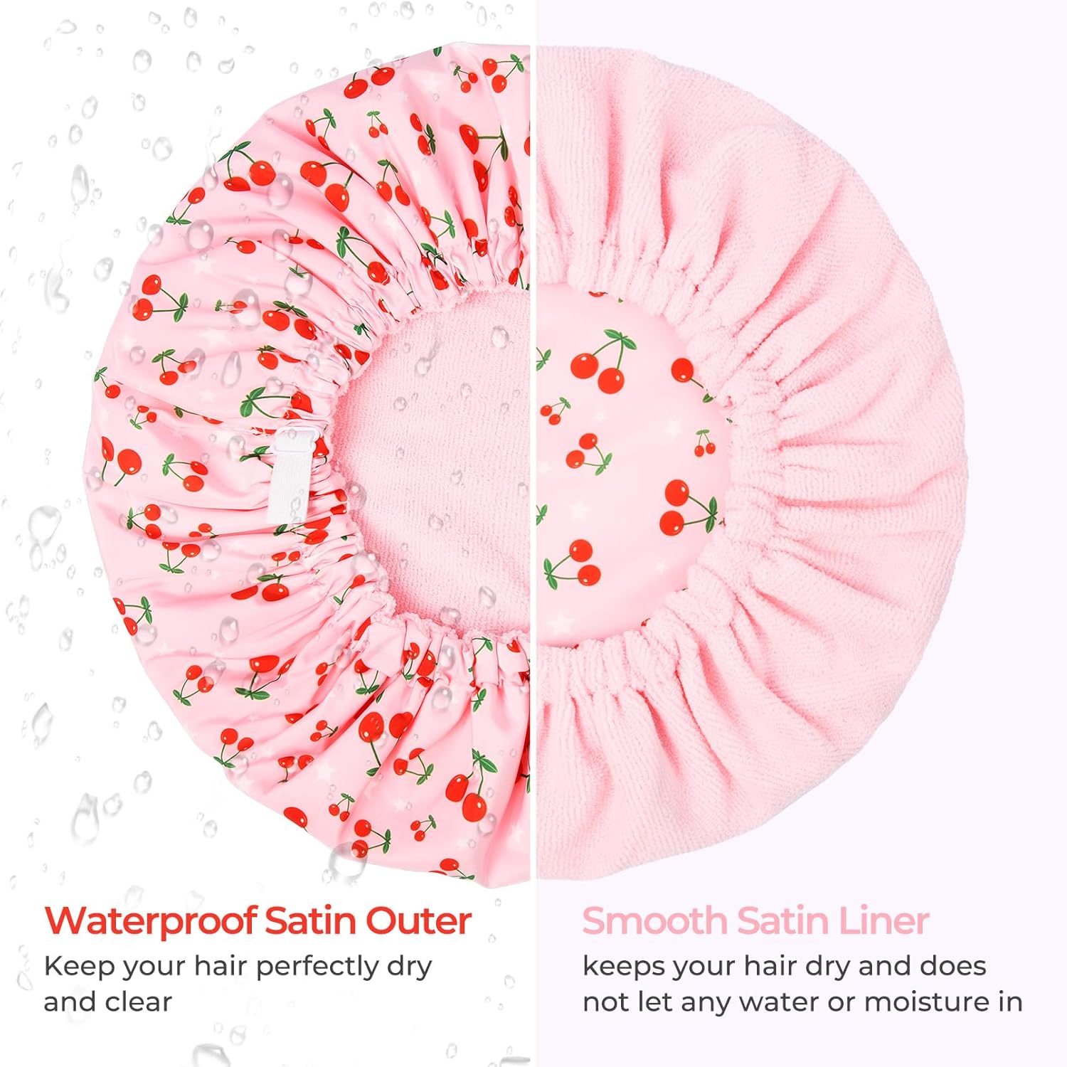 Shower Cap for Women Terry Lined Bath Cap Large Reusable Waterproof Elastic Band Pink Shower Caps for Long Thick Hair Soft Bath Shower Hair Caps