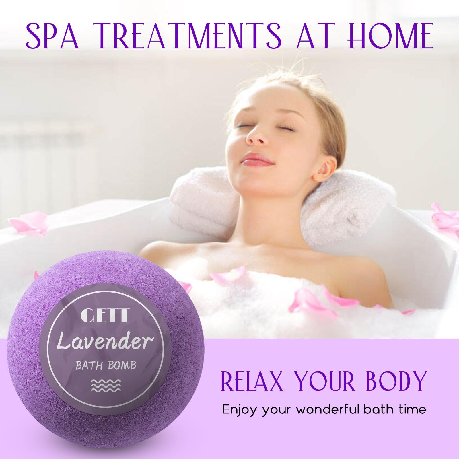 GETT Lavender Bath Bombs 4-pcs, Individually Wrapped Bath Bombs for Men & Women, Luxury Gift Set with Vegan and Essential Oils, Relaxing and Moisturizing Bubble Bath, Organic Bath Essentials for All