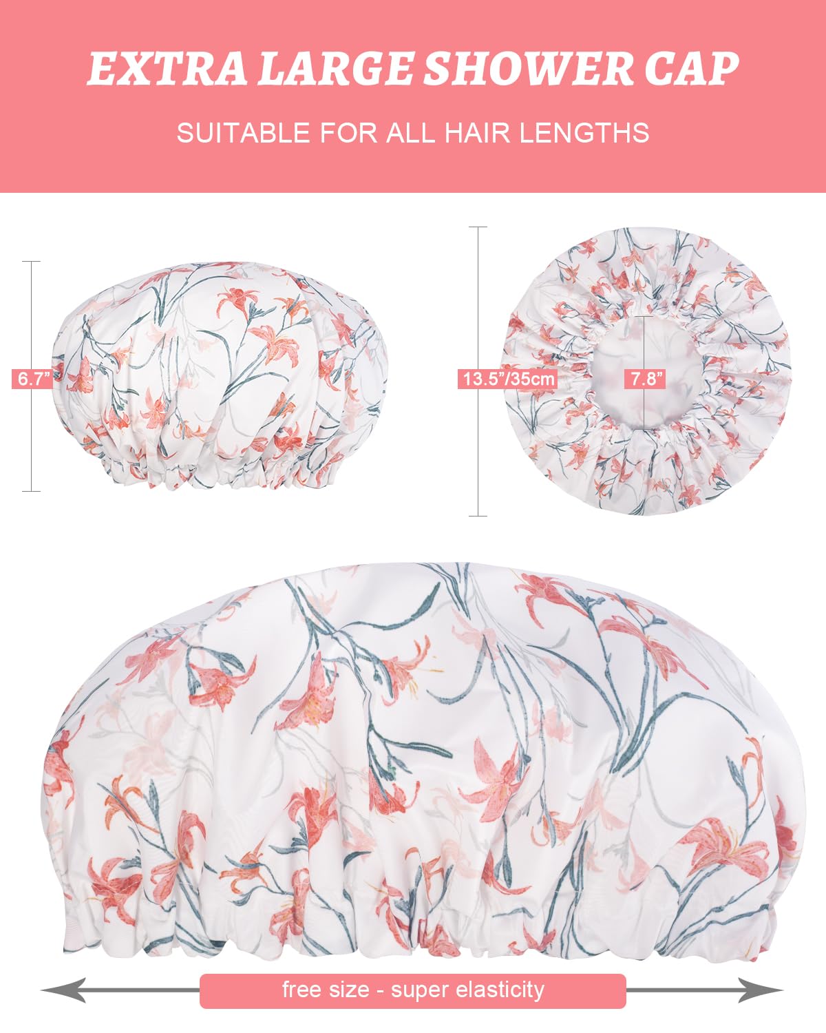 Aquior Shower Caps, Double Layer Waterproof Shower Cap for Women, Reusable Large Shower Cap for all Hair Lengths with EVA Lining, Soft Bath Shower Caps