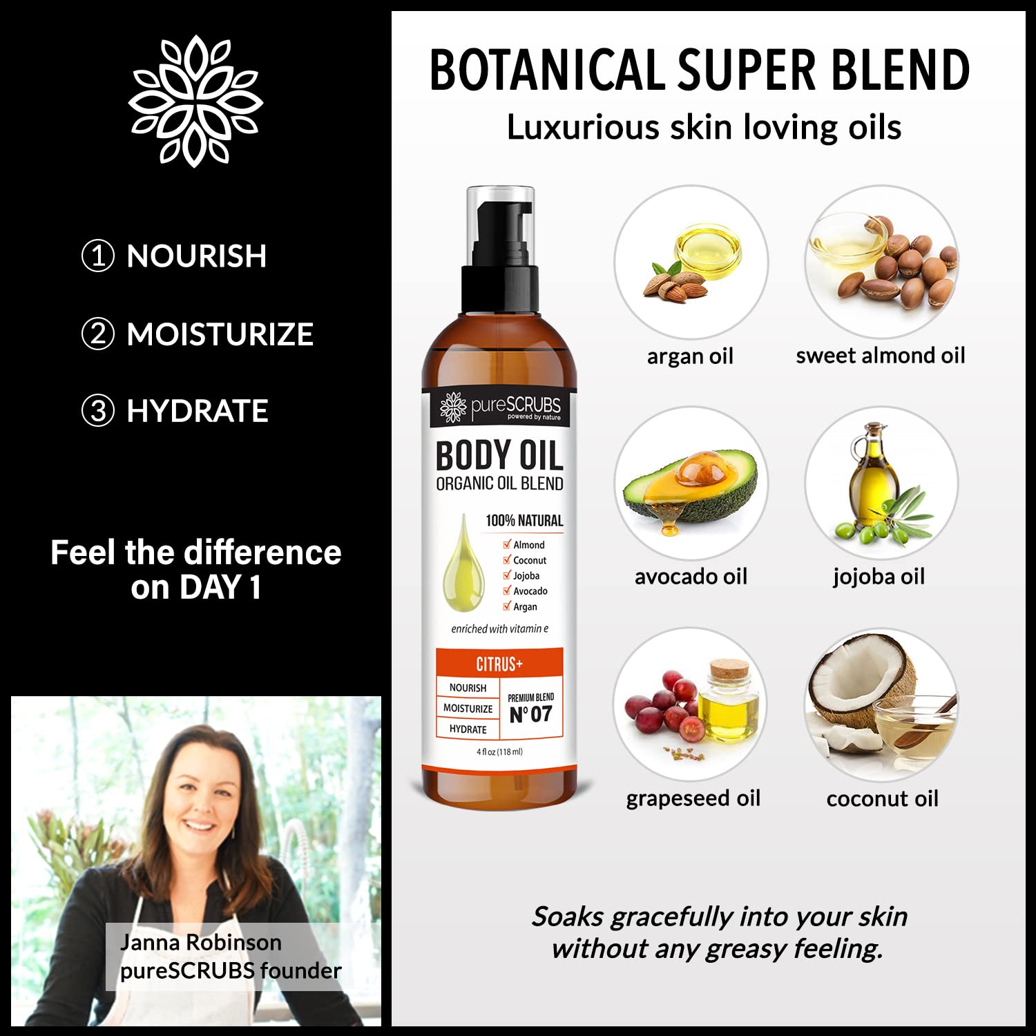 pureSCRUBS Ultra Moisturizing SANDALWOOD BODY OIL Spray For Dry Skin, Massage, Cuticles & More, Organic Blend of Jojoba, Argan, Coconut, Sweet Almond & Avocado Oils Enriched with Vitamin E - Lg 4oz