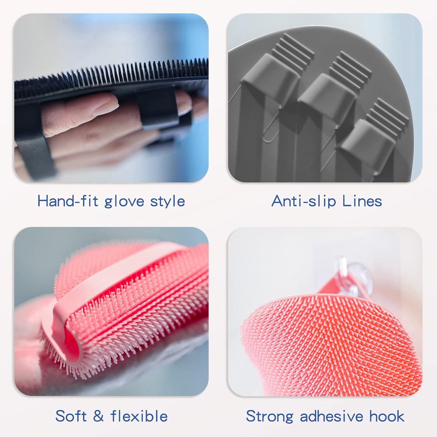 Manmihealth Silicone Back Scrubber(Thick Bristles) & Soft Bath Glove Set, Super-Exfoliating Body Scrubber & Super-Lathering Shower Brush Combination, with a Free Hook.(Black)