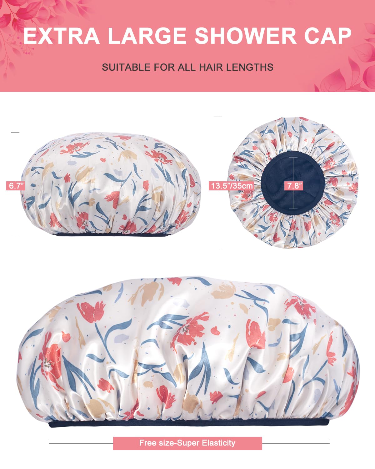 Aquior Shower Cap,Terry Cloth Lined Shower Cap for Women Reusable, Triple Layer Waterproof Bath Cap, Extra Large for Women Long Hair