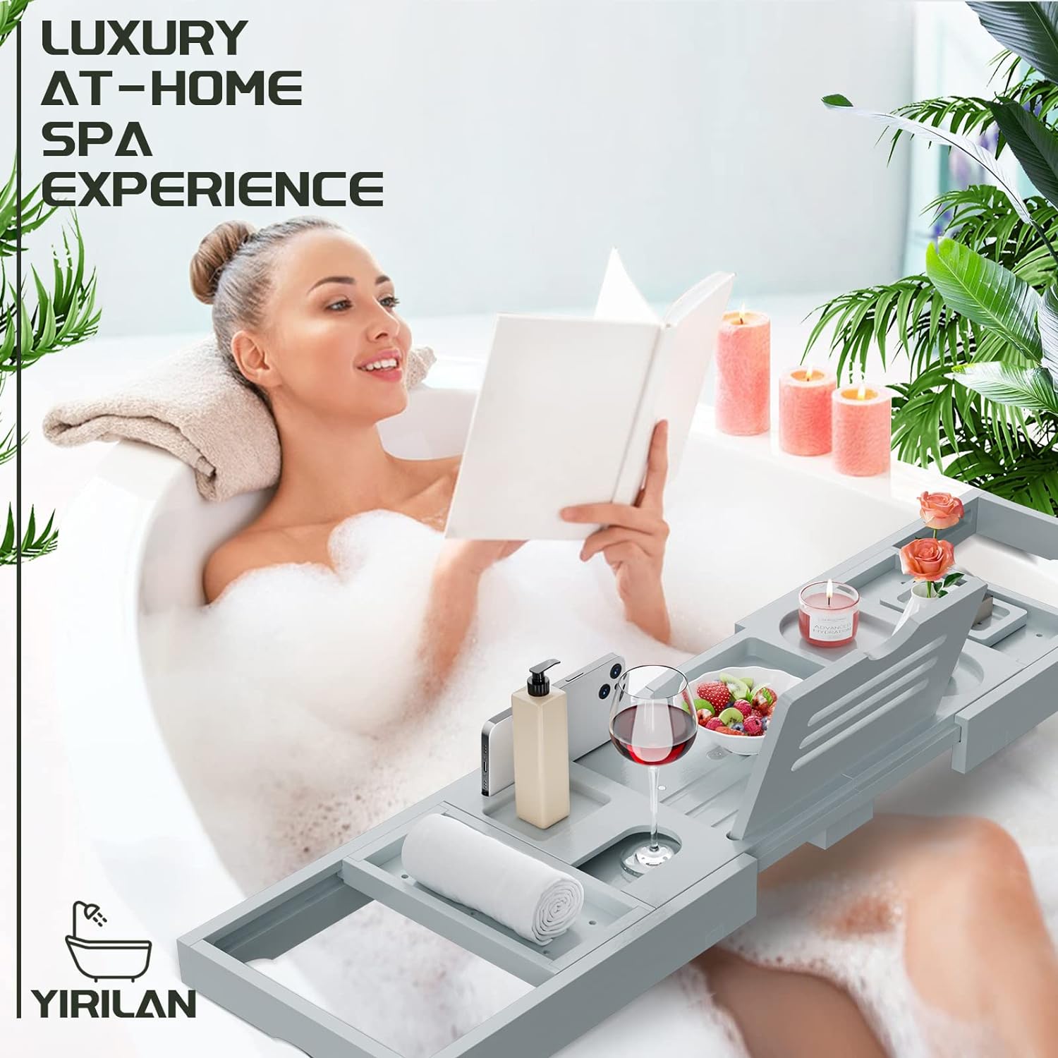 Yirilan Premium Bathtub Tray Caddy - Expandable Bath Tray - Unique House Warming Gifts, New Home, Anniversary & Wedding Gifts for Couple, Bridal Shower Gift for Women