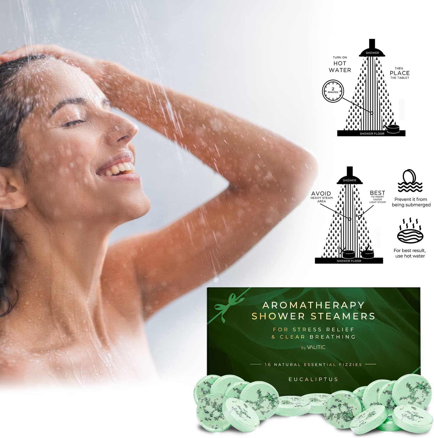 Valitic Aromatherapy Shower Steamers for Stress Relief and Relaxation - Gifts for Women Mom Birthday 8 Natural Essential Fizzies Shower Bombs - 4 Scents - Lavender, Eucalyptus, Citrus, and Peppermint