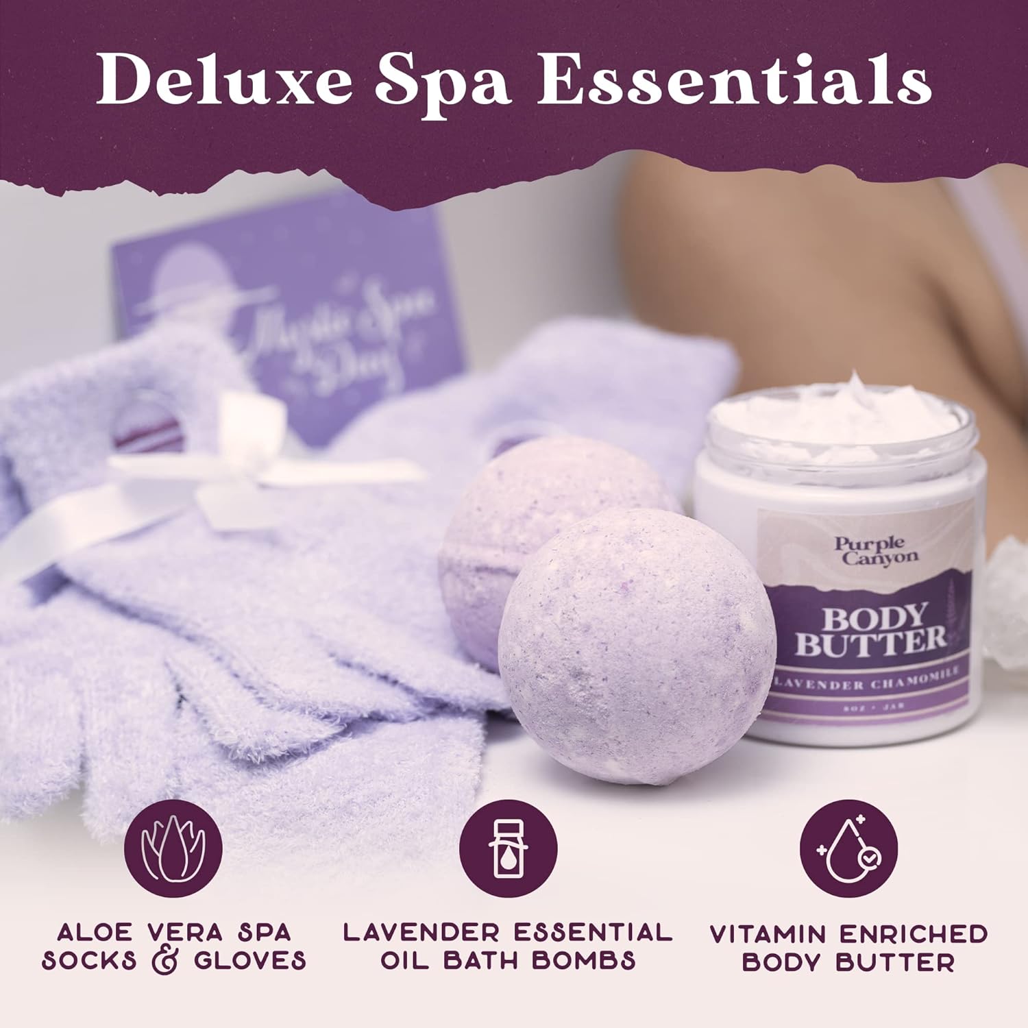 Purple Canyon Mystic Spa Box | 7 Piece Full Size Lavender Spa Kit for Self Care | Bath and Body Gifts for Women