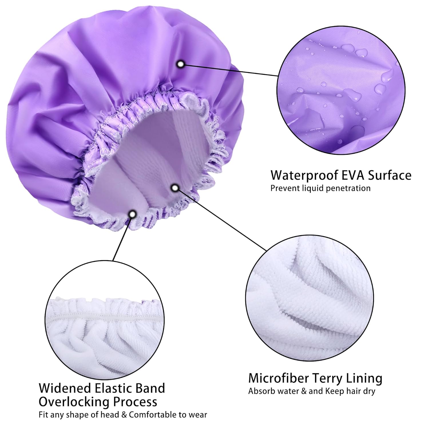 Shower Caps for Women, Terry Cloth Lined EVA Exterior Elastic and Reusable Bath Caps, Double Waterproof Layers Shower Cap, Bathing Shower Caps, Environmental Protection Bath Hair Cap - Pink