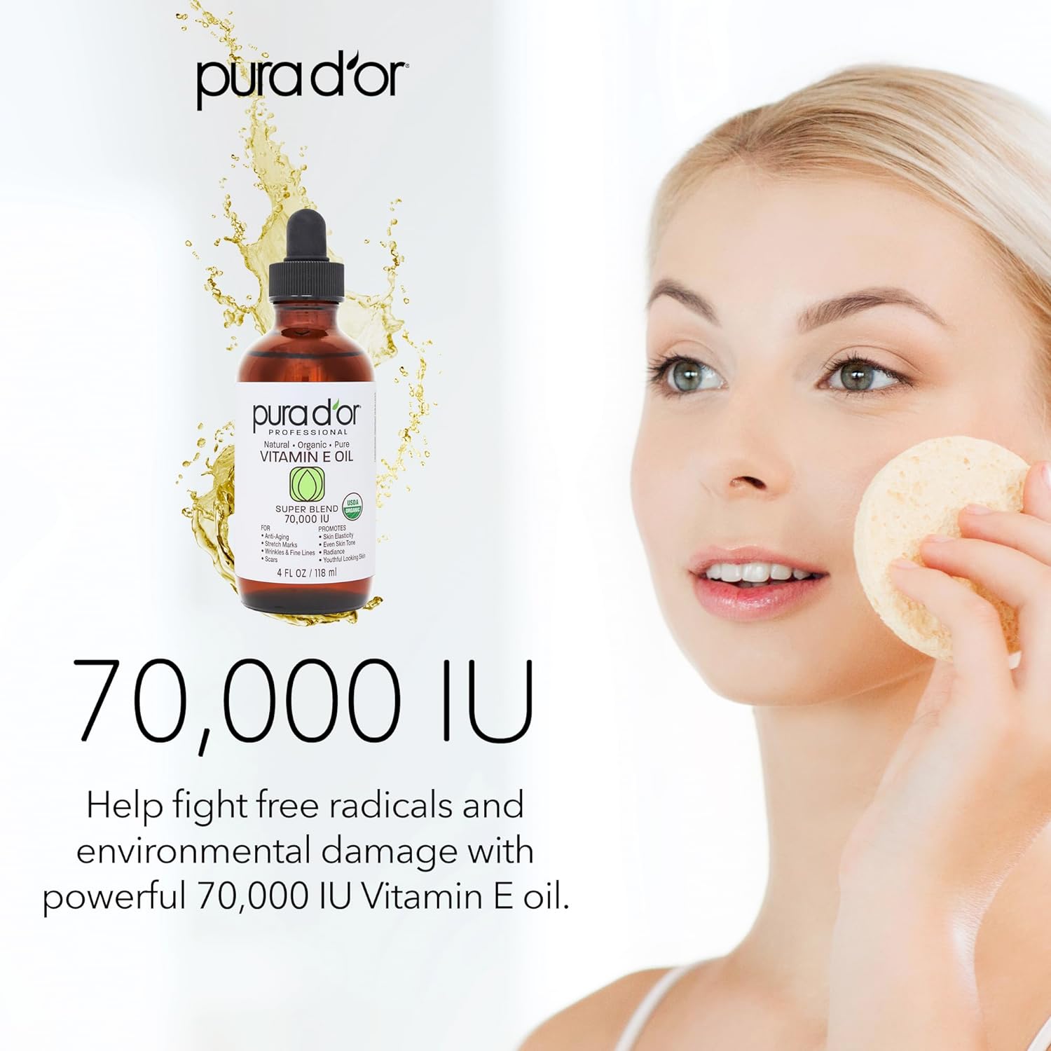 PURA D'OR Organic Vitamin E Oil Blend 70,000 IU (4oz / 118mL) 100% Natural Hexane Free, Sweet Almond, Apricot, Jojoba, Argan, Rosehip, Sunflower & Avocado Bath Oil for Scars, Skin, Face & Full Body