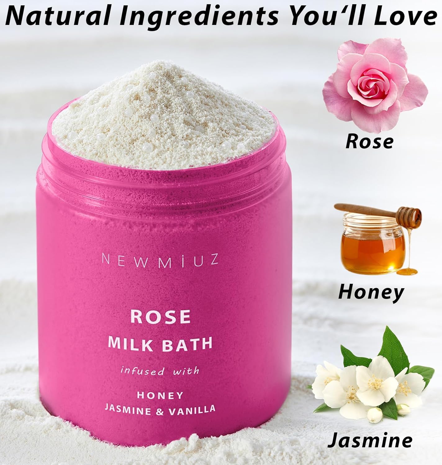 Calming Rose Coconut Milk Bath Soak Moisturize & Soften Skin Honey Jasmine Vanilla Destress Luxury Spa Bath Salt Powder Birthday Christmas Stress Relief Gifts for Women Perfect Stocking Stuffers
