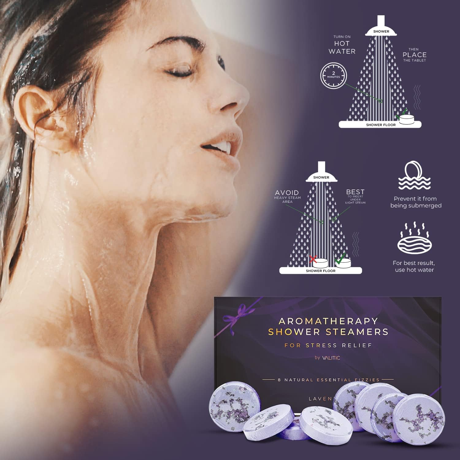 Valitic Aromatherapy Shower Steamers for Stress Relief and Relaxation - Gifts for Women Mom Birthday 8 Natural Essential Fizzies Shower Bombs - 4 Scents - Lavender, Eucalyptus, Citrus, and Peppermint