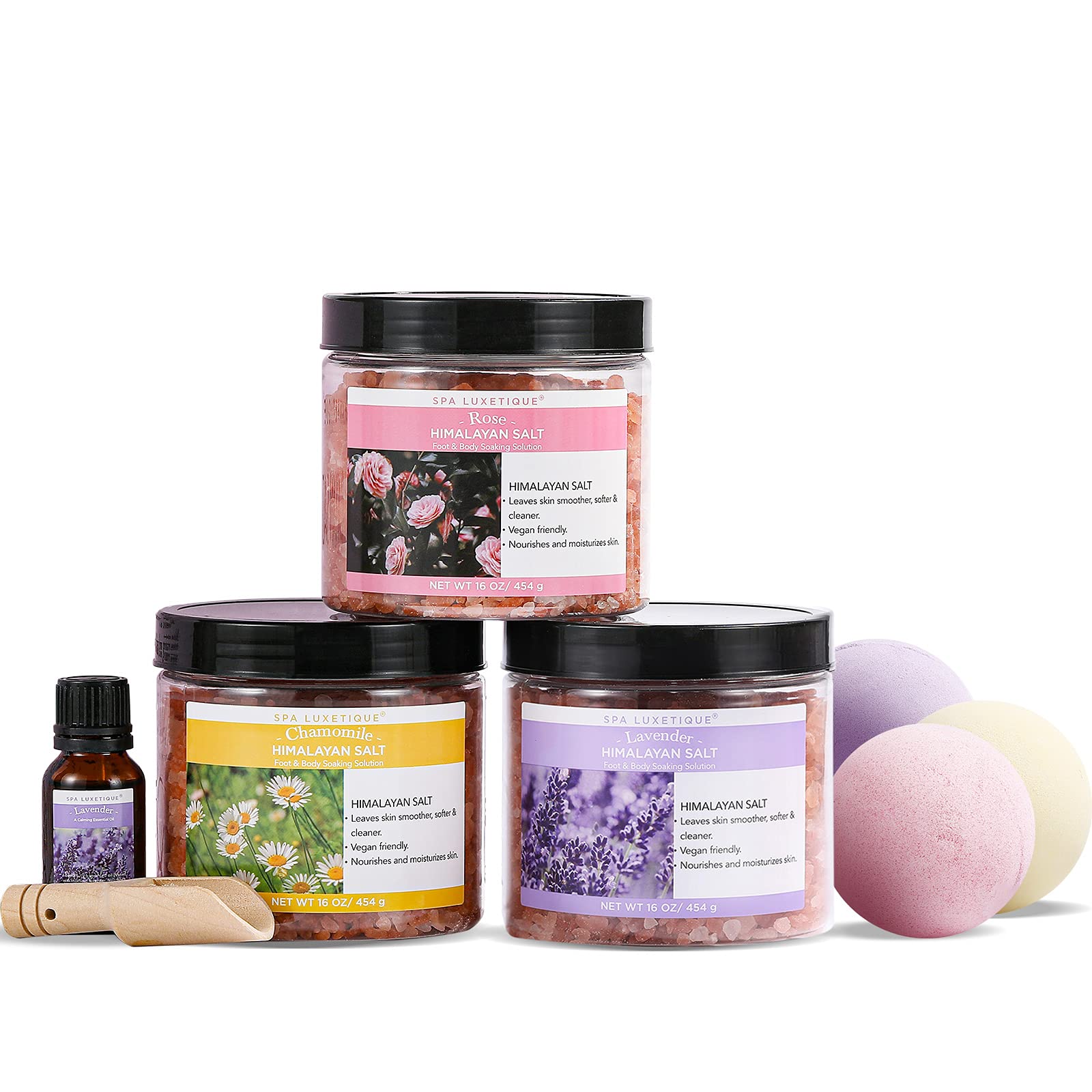 spa luxetique Bath Salts, 8pcs Bath Salts Gift Set with Argan Oil, Bath Bombs, Wooden Scoop, Epsom Salt for Soaking in Lavender, Rose, Chamomile Scent, Mother's Day Gifts