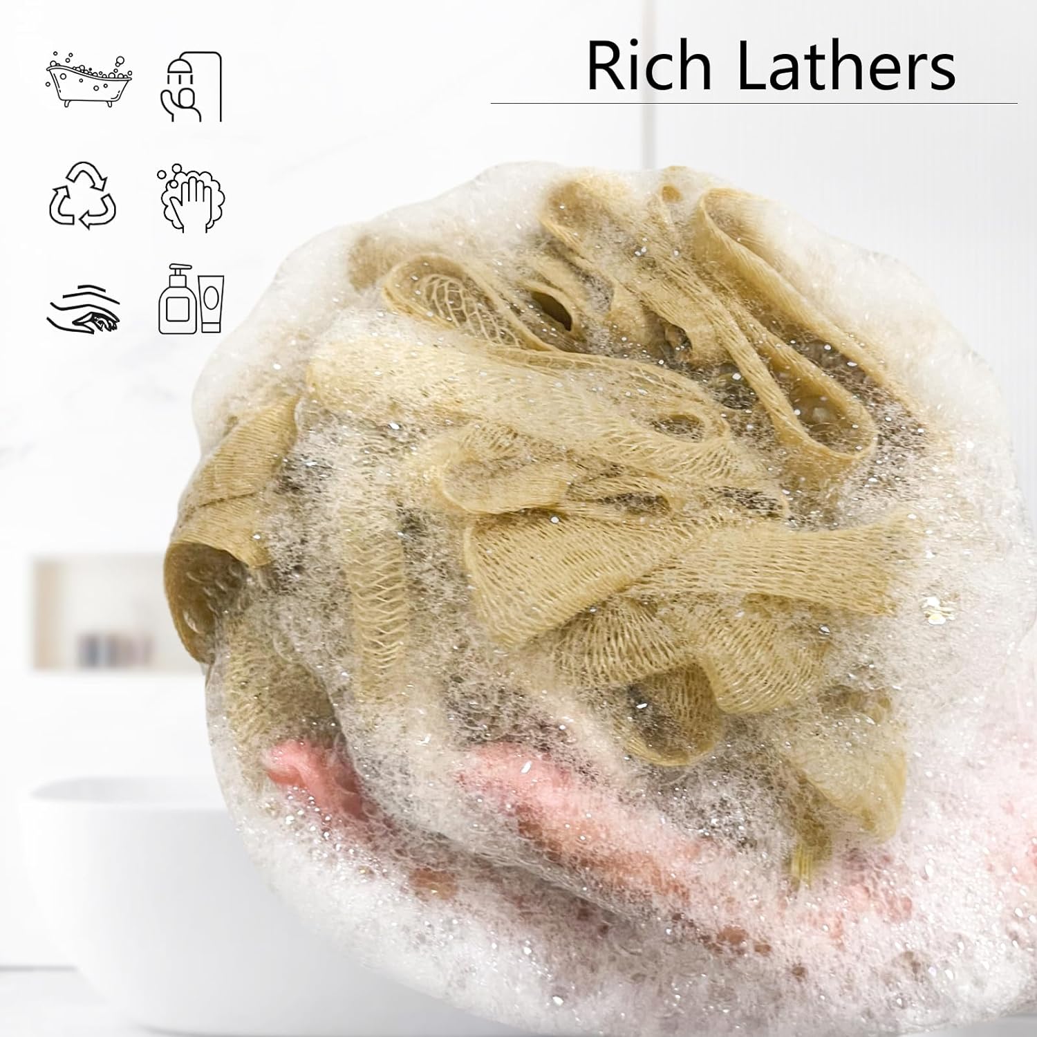 Yoget Charcoal Bath Loofah Sponge, 4 Pack Black 60G Large Shower Mesh Ball Soft Pouf Body Scrubber, Exfoliate, Cleanse, Soothe Skin, Black Loofah with White Trim