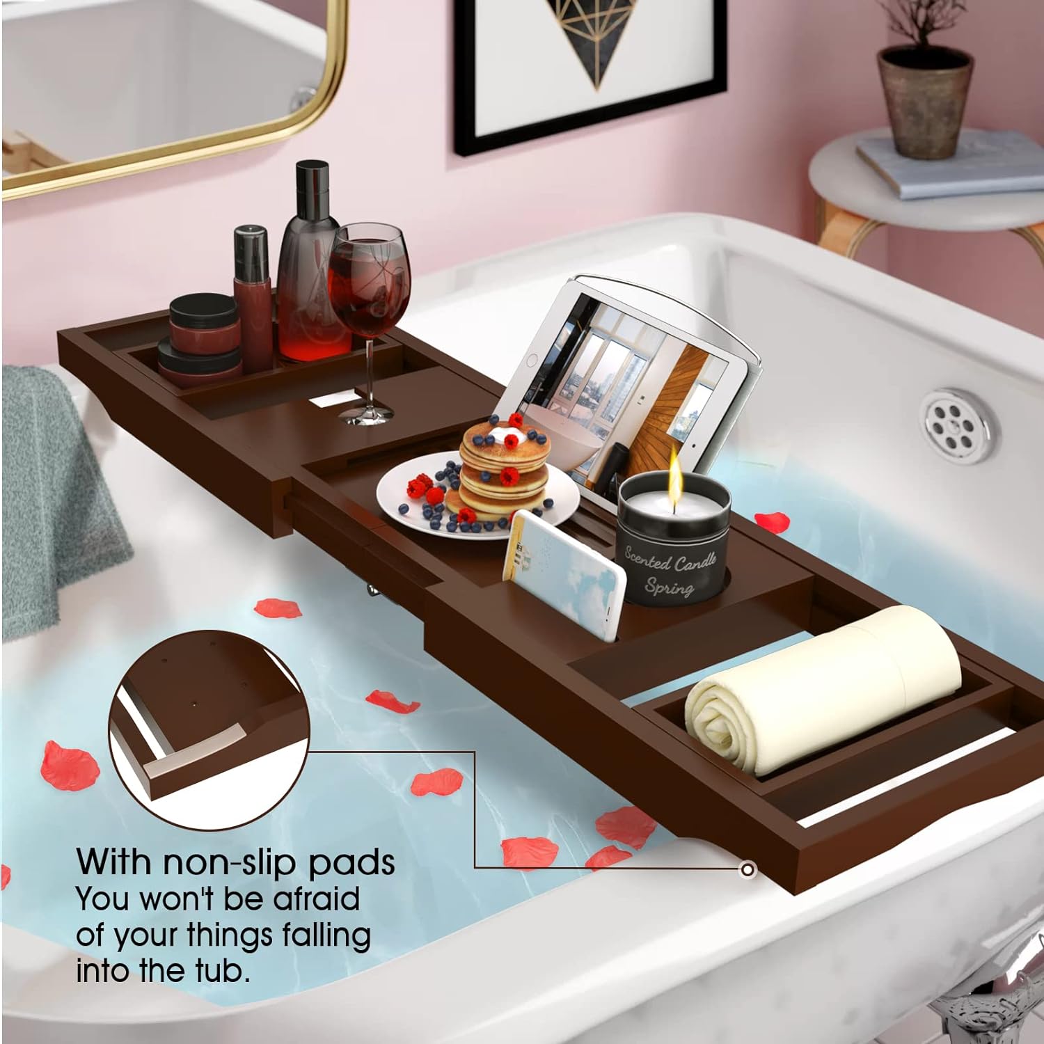 Artmalle Bathtub Caddy Tray for Tub,Foldable Bamboo Bath Table Tray with Book and Wine Glass Holder, Expandable Bathroom Accessories with Free Soap Dish Suitable for Luxury Spa or Reading