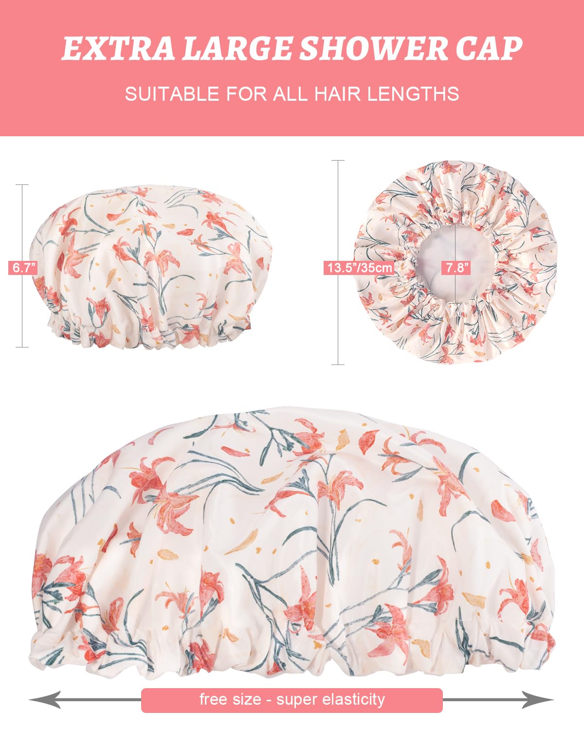 Aquior Shower Caps, Double Layer Waterproof Shower Cap for Women, Reusable Large Shower Cap for all Hair Lengths with EVA Lining, Soft Bath Shower Caps