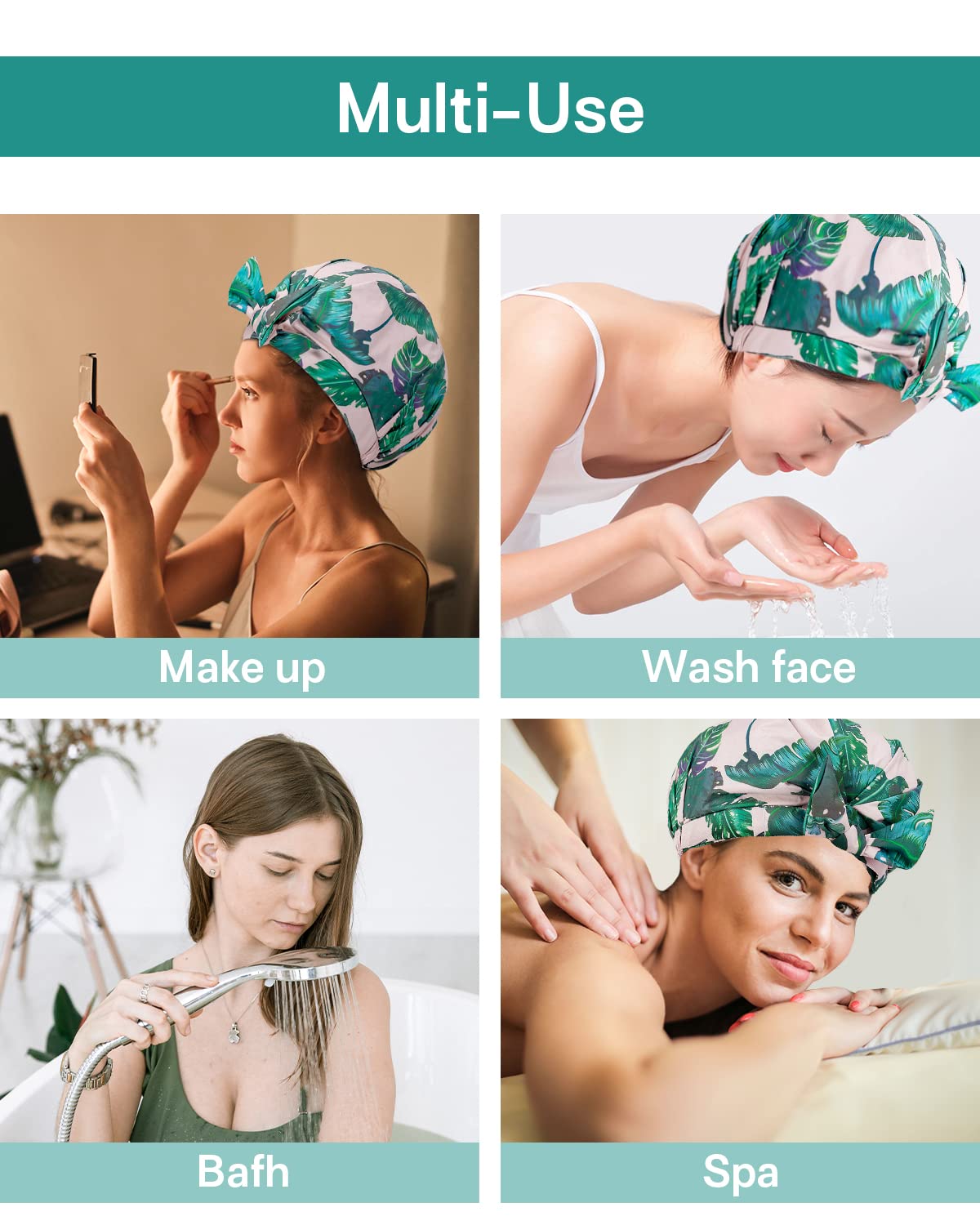 Auban Shower Cap Reusable,Ribbon Bow Bath Cap Large Design With Waterproof Exterior for All Hair Lengths,Great for Girls Spa Home Use,Hotel and Hair Salon (Green)