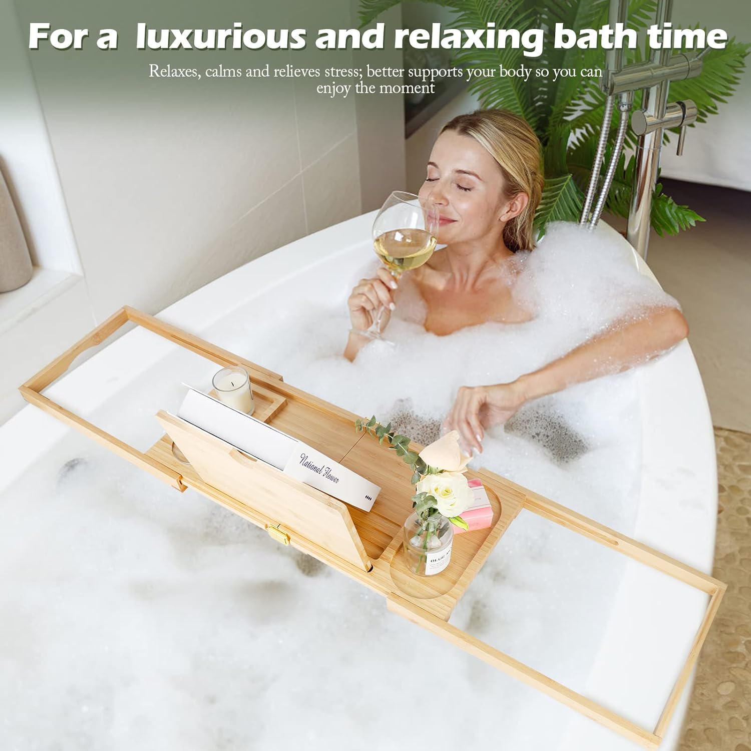 HMGDFUE Bamboo Bathtub Tray for Luxury Bath,Foldable Expandable Bath Tray for Bathtub Bath Tub Tray Table with Wine Glass Holder and Phone Book Holder for Couples Wedding Gifts for Mom Women