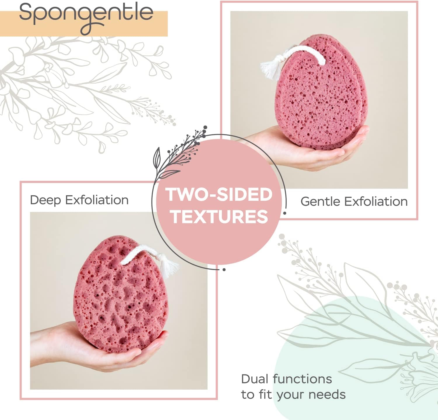 Spongentle Deep Cleansing Body Loofah Sponge, Natural Colors, for Bath and Shower, Multiple Textures for Gentle and Deep Exfoliation, Generous and Rich Lather, (Pack of 3)