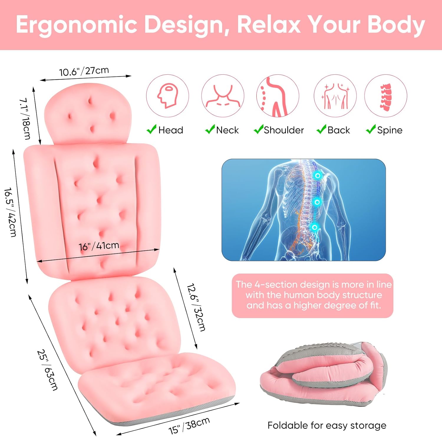 Full Body Bath Pillow, Bath Pillows for Tub with Powerful Non-Slip Suction Cups and Mesh Laundry Bag, Thick Bathtub Pillow for Head Neck and Back Support, Quick Drying & 3D Air Mesh, Blue