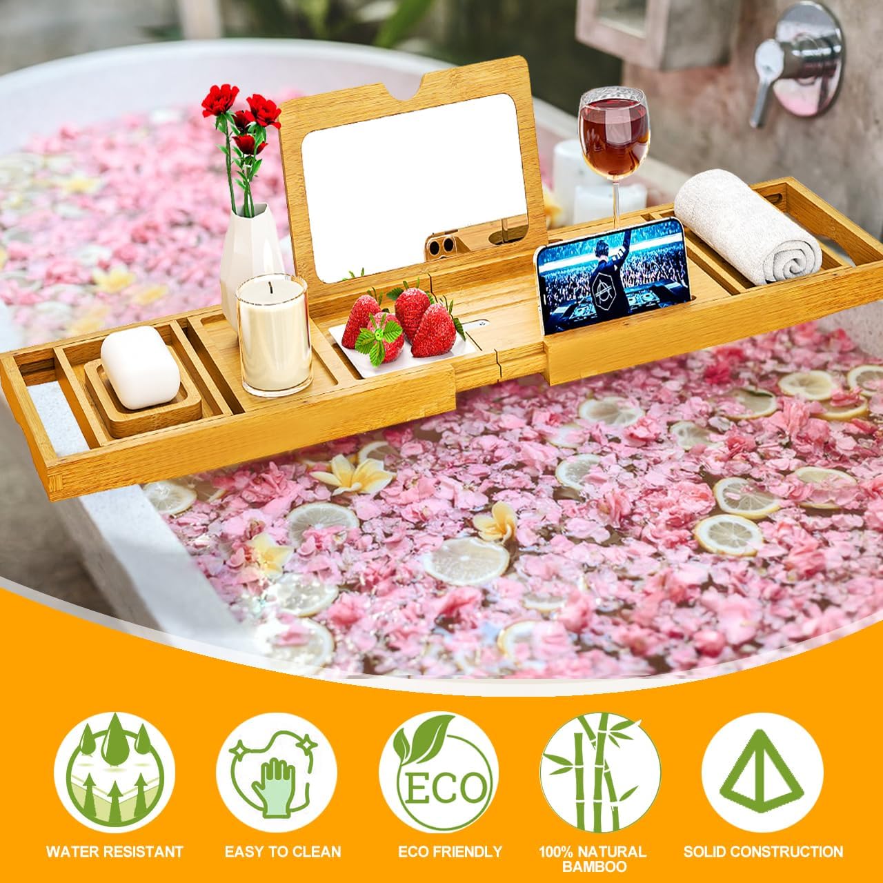 Premium Bathtub Tray Caddy - Bath Tray Bamboo Expandable - Bath Tub Tray Table for Bathtub - Expandable Size, Fits Most Bath Tubs