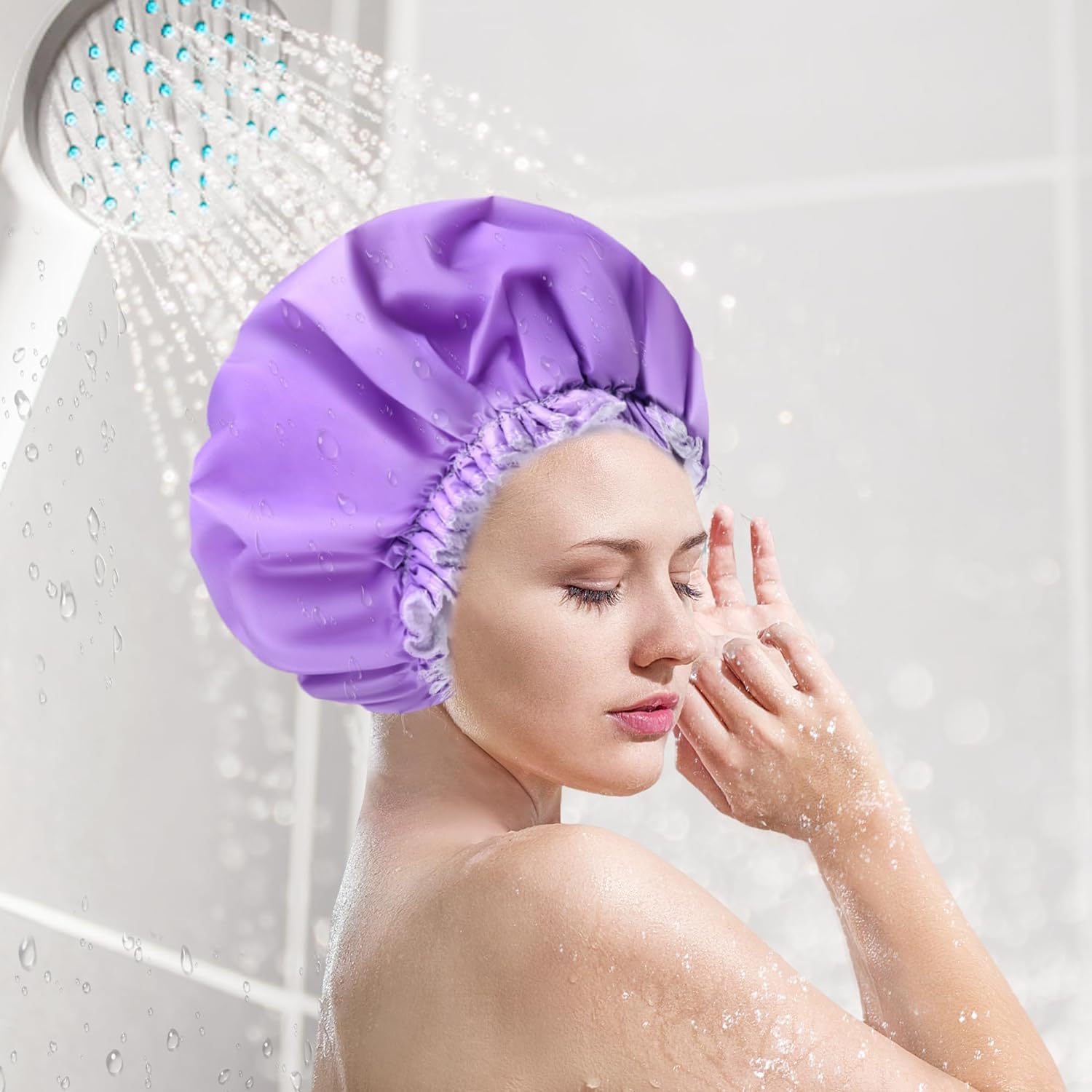 Shower Caps for Women, Terry Cloth Lined EVA Exterior Elastic and Reusable Bath Caps, Double Waterproof Layers Shower Cap, Bathing Shower Caps, Environmental Protection Bath Hair Cap - Pink