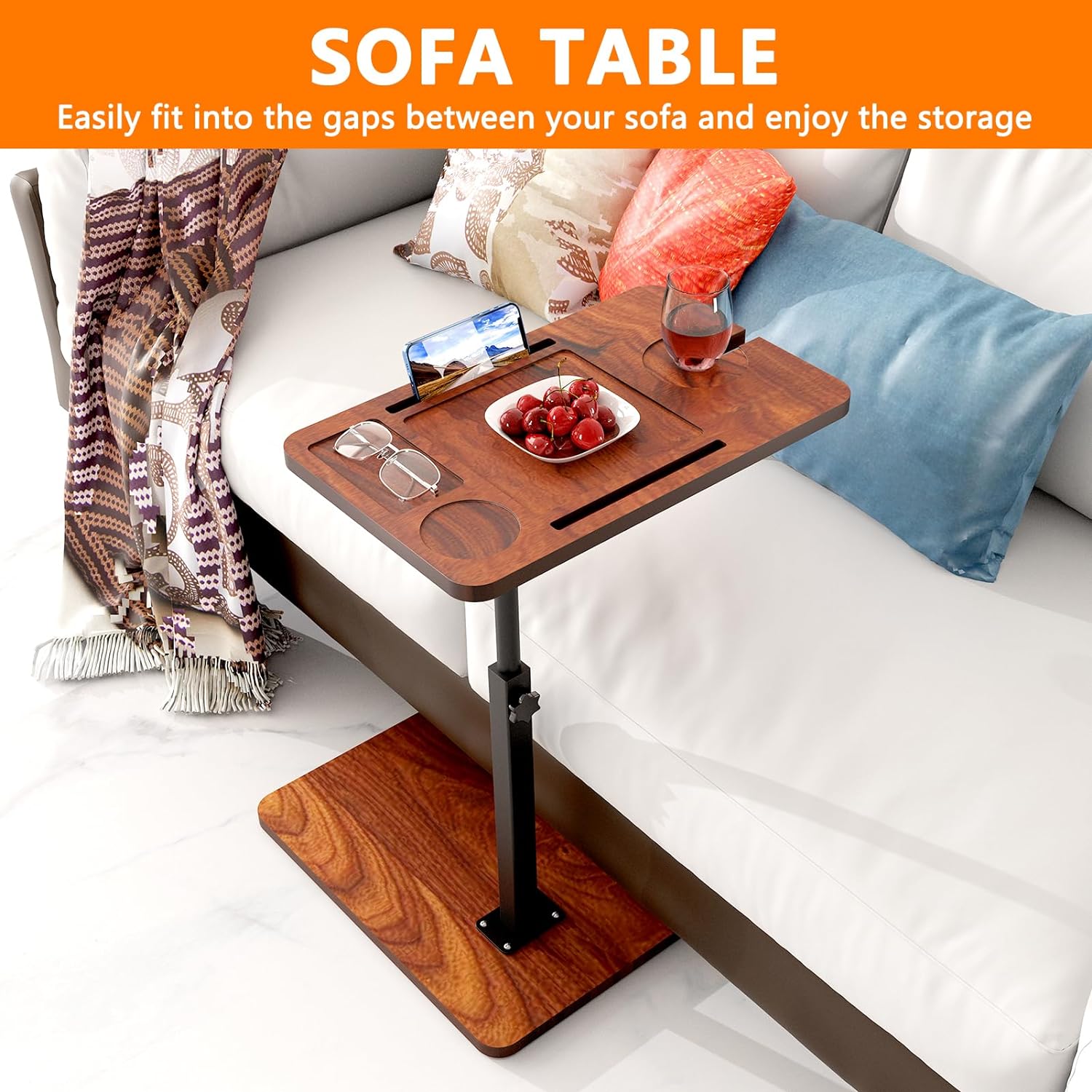 Bathtub Caddy Tray Table with Adjustable Height, Freestanding Bath Caddy Tray with Reading Rack, Tablet Holder, Cellphone Tray and Wine Glass Holder, Organizer Tray-A