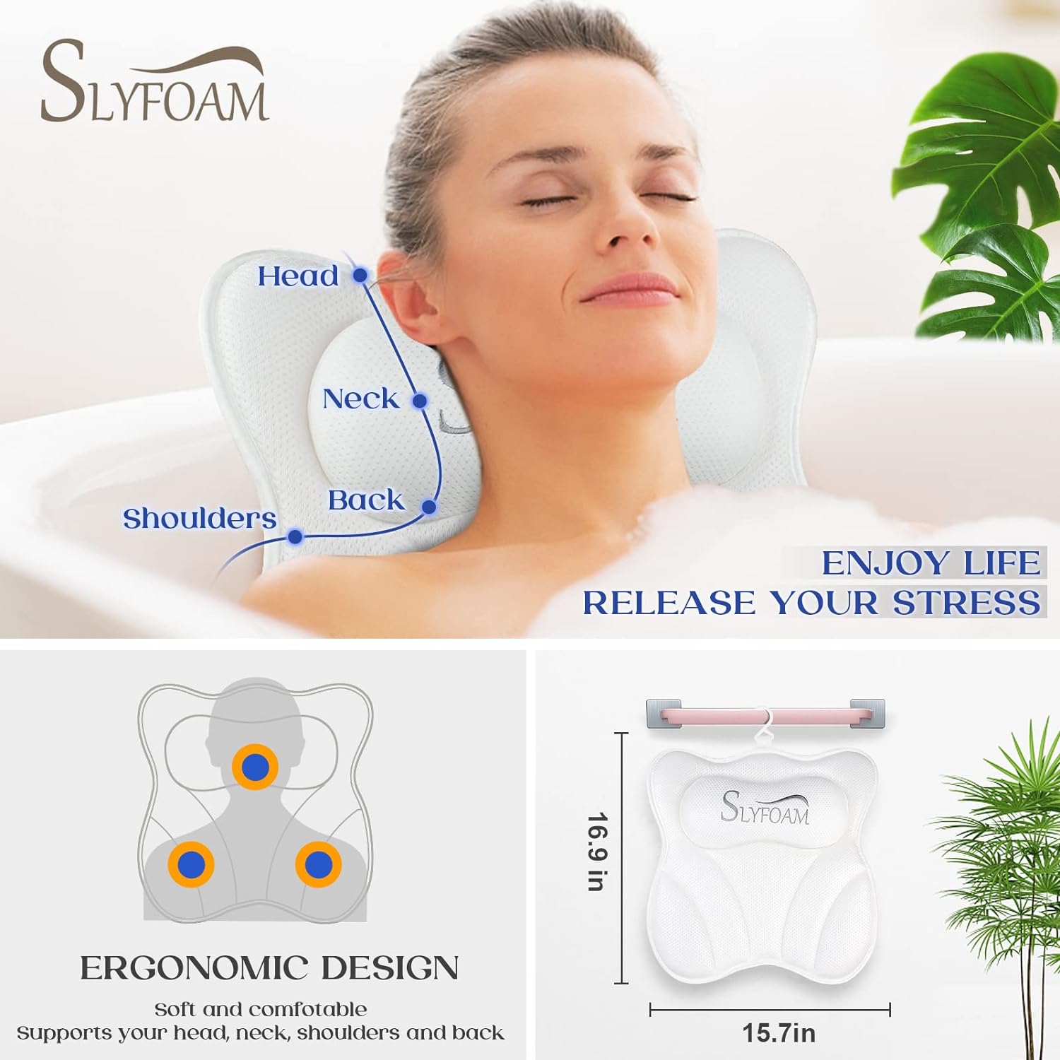 Bath Pillow for Tub Neck and Back Support Bathtub Pillow Essential Bath Accessory for Soaking, Jacuzzi or Spa Bathtub, Luxury Soft 4D Bath Tub Pillow with Strong Suction Cups for Body Relaxing - White