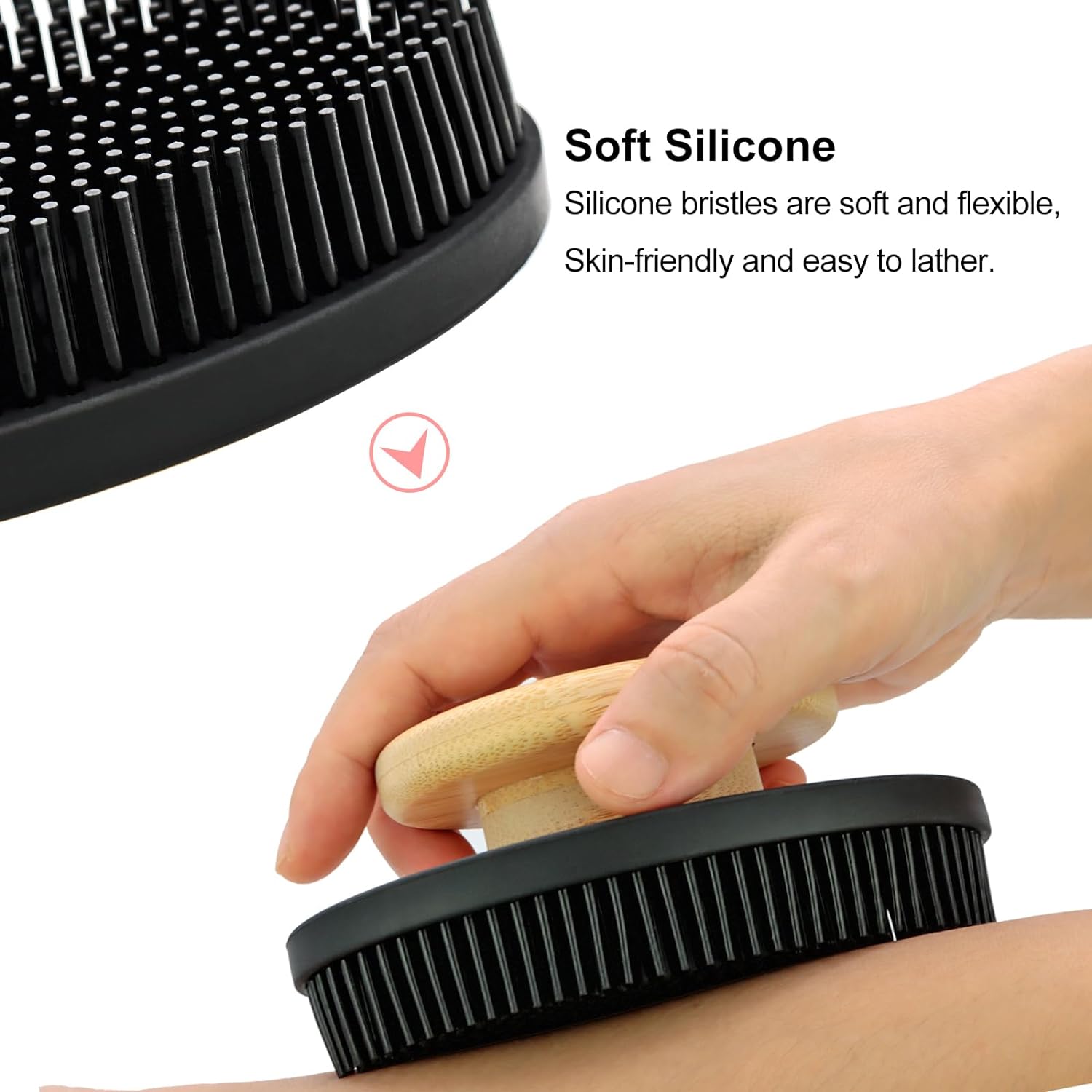 Ozner Food-Grade Soft Silicone Body Scrubber Shower Brush, Cleans and Removes Dead Skin - Foam-Rich Brush, Non-Slip Bamboo Handle Silicone Loofah, Durable and Easy to Clean, 1pc (Pink)