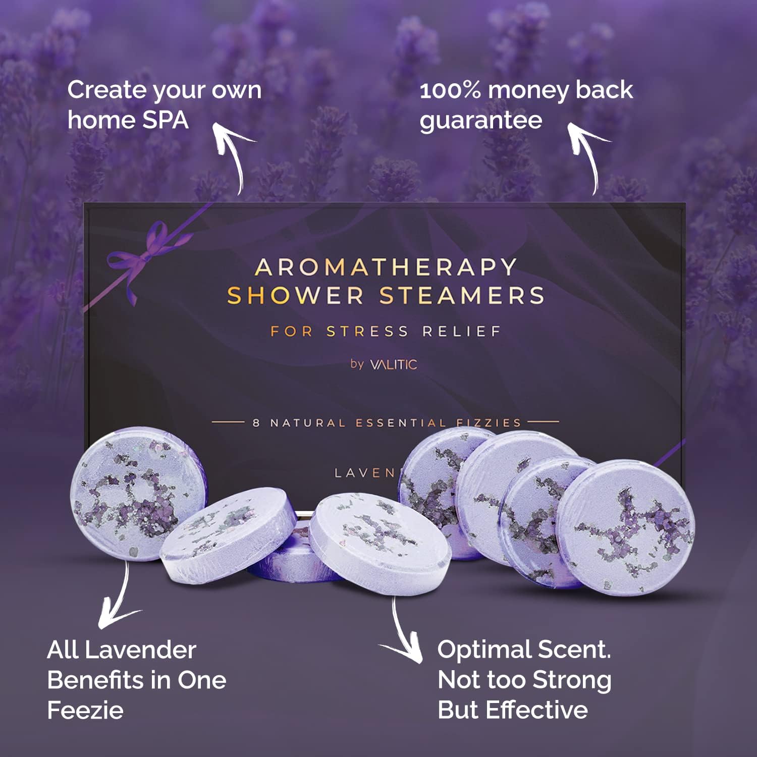 Valitic Aromatherapy Shower Steamers for Stress Relief and Relaxation - Gifts for Women Mom Birthday 8 Natural Essential Fizzies Shower Bombs - 4 Scents - Lavender, Eucalyptus, Citrus, and Peppermint
