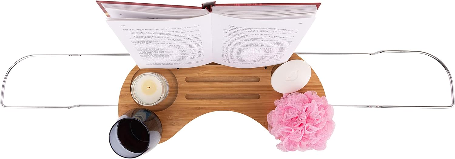 Olivia & Aiden Luxury Bathtub Caddy Tray (Bamboo) Expandable Tub Organizer w/Detachable Tablet Backrest, Wine Glass Holder, Smartphone Holder | Portable Spa Comfort