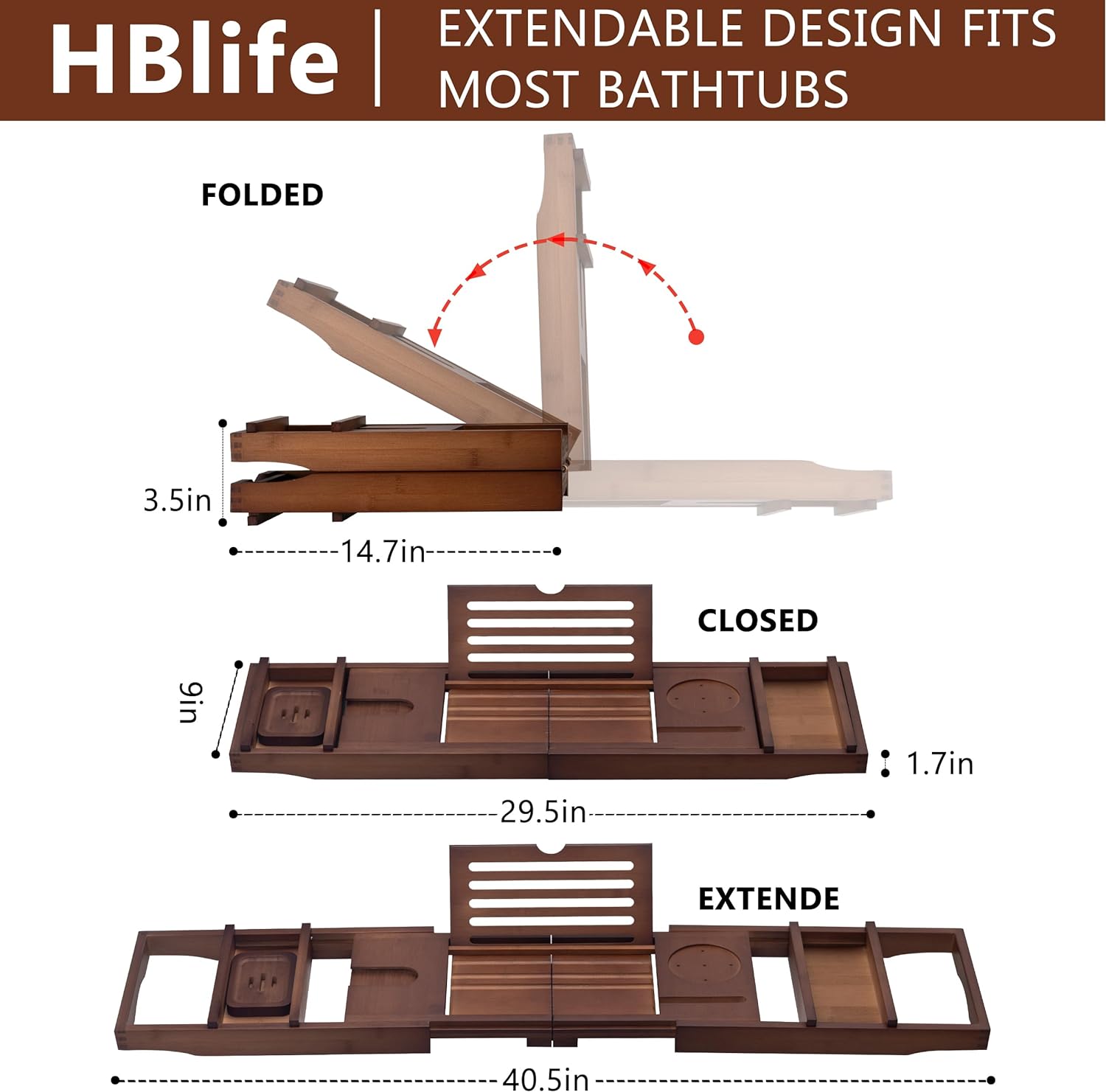 HBlife Bathtub Caddy Tray Foldable Bamboo Bath Table Tray with Book and Wine Glass Holder, Expandable Bathroom Accessories