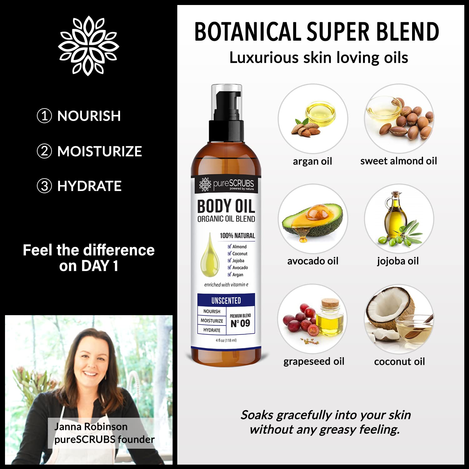 pureSCRUBS Ultra Moisturizing SANDALWOOD BODY OIL Spray For Dry Skin, Massage, Cuticles & More, Organic Blend of Jojoba, Argan, Coconut, Sweet Almond & Avocado Oils Enriched with Vitamin E - Lg 4oz