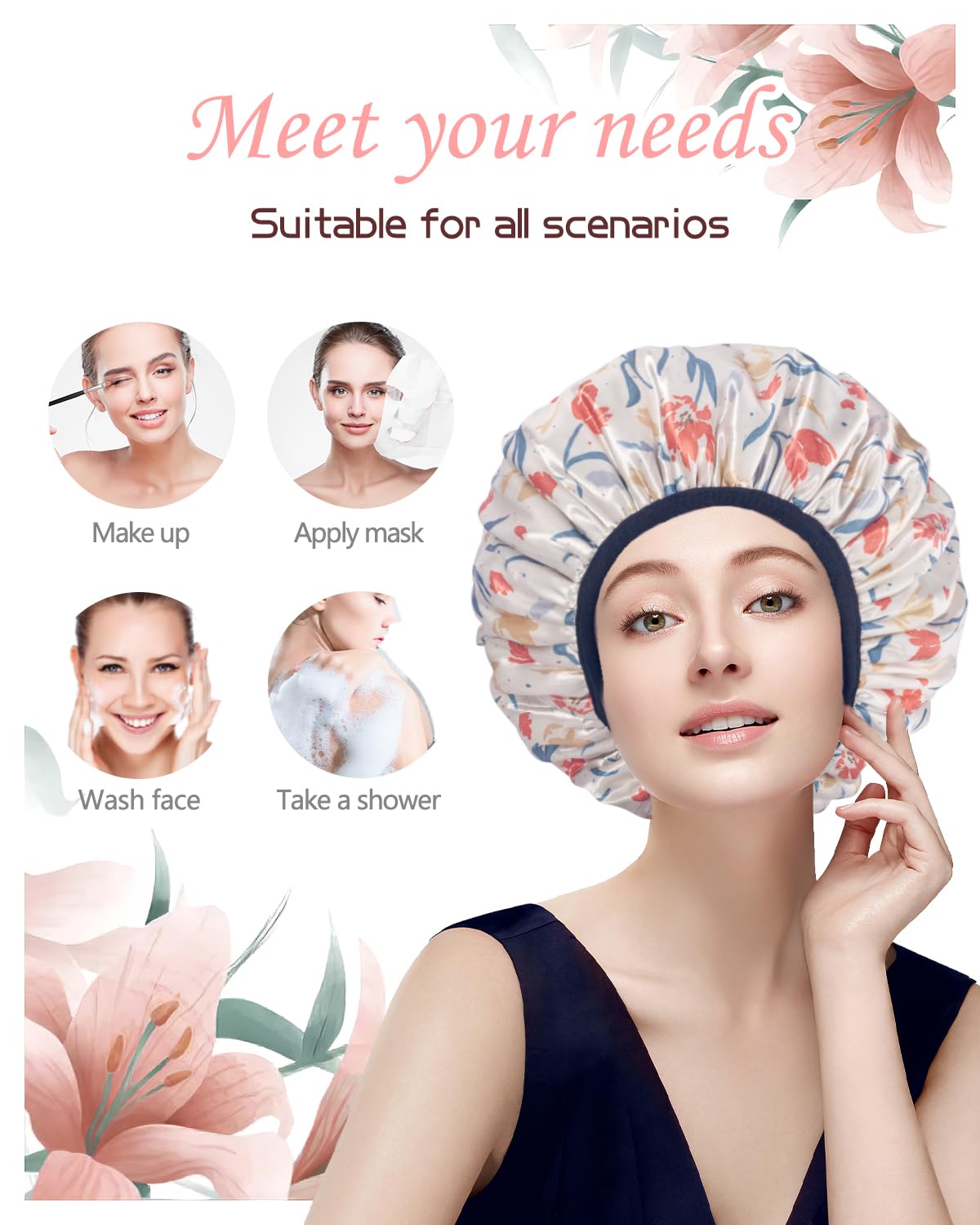 Aquior Shower Cap,Terry Cloth Lined Shower Cap for Women Reusable, Triple Layer Waterproof Bath Cap, Extra Large for Women Long Hair