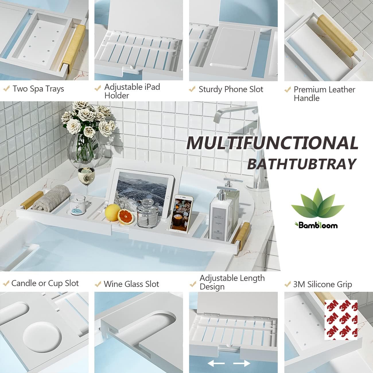 Bathtub Tray Luxury Bathtub Caddy, Expandable Bath Tray with Leather Grip, Adjustable 1 or 2 Person Bath Table Bed Tray with Slots for book Phone holder, Bamboo Bathroom Organizer & Accessories, White