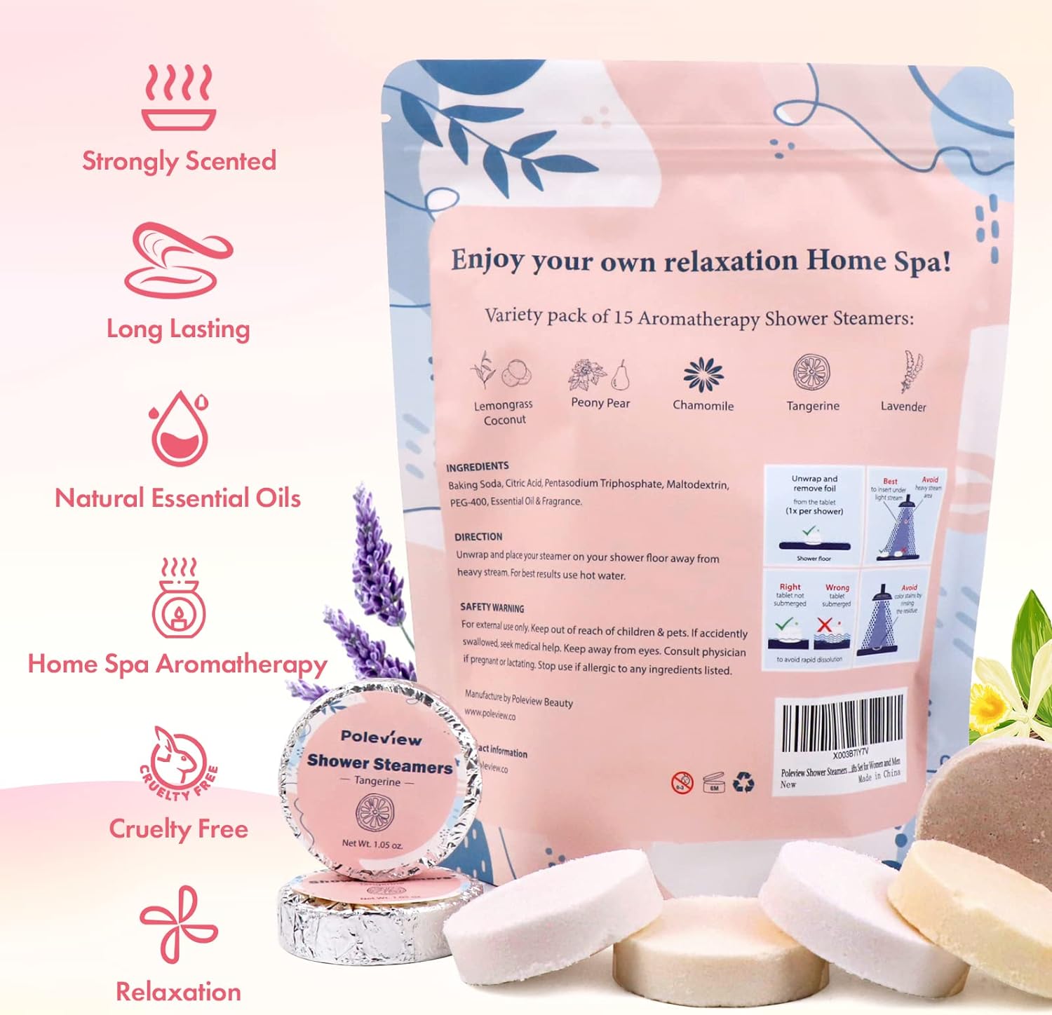 Poleview Shower Steamers Aromatherapy, Variety Pack of 15 Shower Bombs with Essential Oil for Home SPA, Relaxation, Meditation and Calming - Stress Relief and Self Care Gifts Set for Women and Men