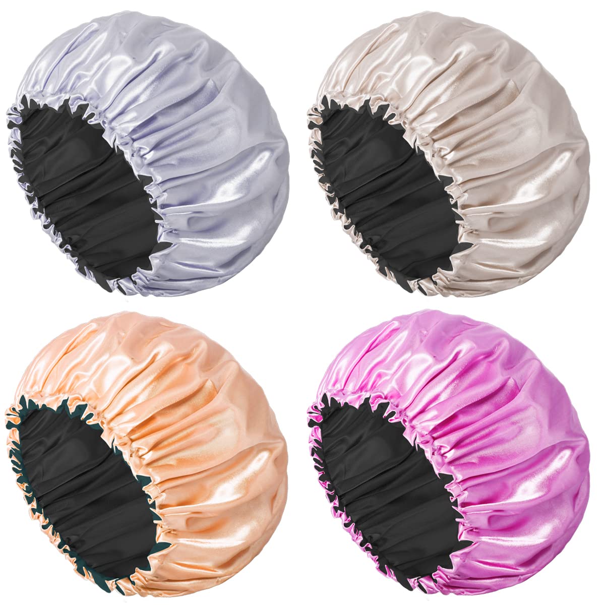 Aquior Shower Cap, 4-Pack Bathing Reusable Shower Caps for Long Hair Women, Double Layers Premium Sumptuous Silky Satin 100% Waterproof Shower Cap Extra Large