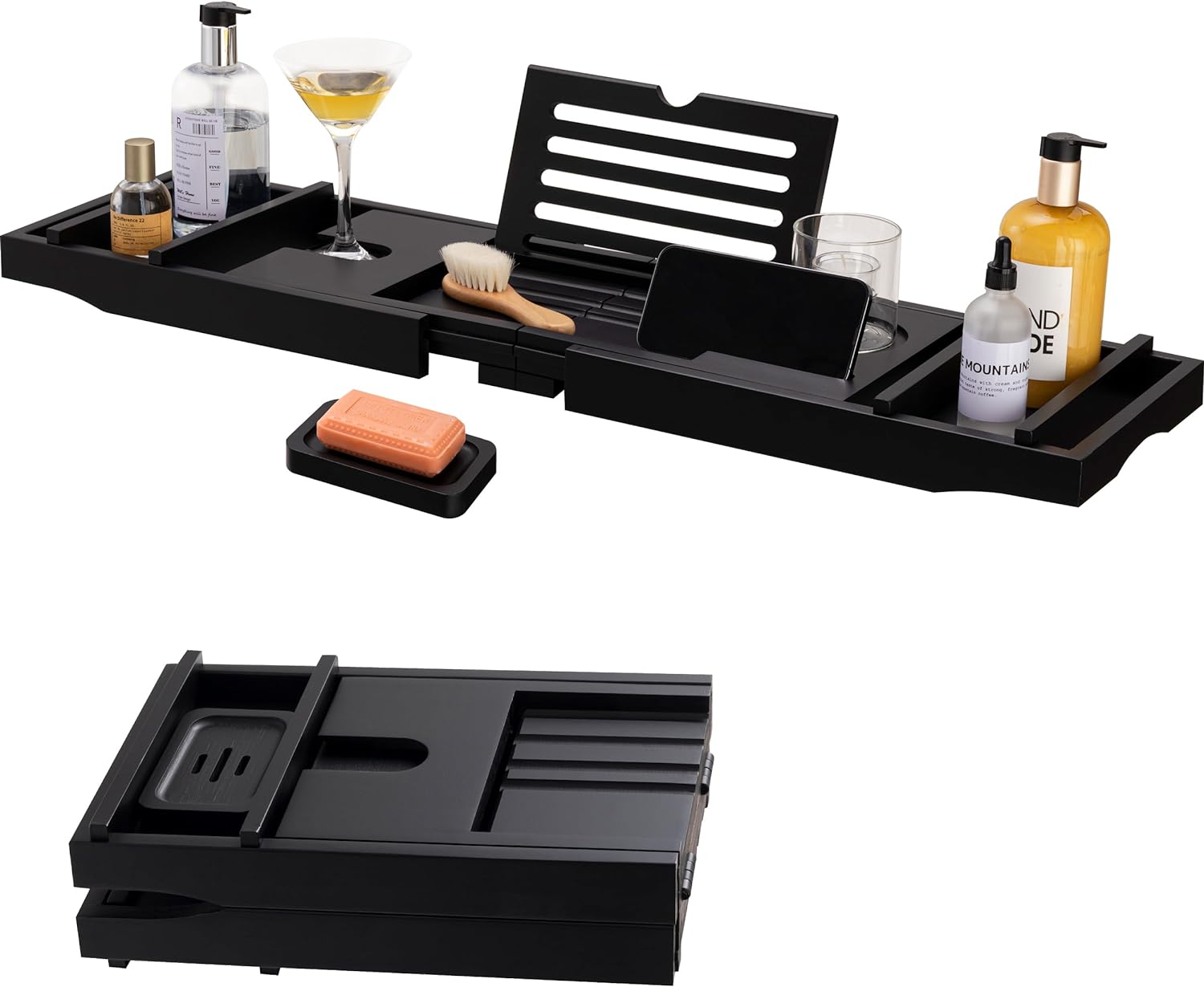 HBlife Bathtub Caddy Tray Foldable Bamboo Bath Table Tray with Book and Wine Glass Holder, Expandable Bathroom Accessories