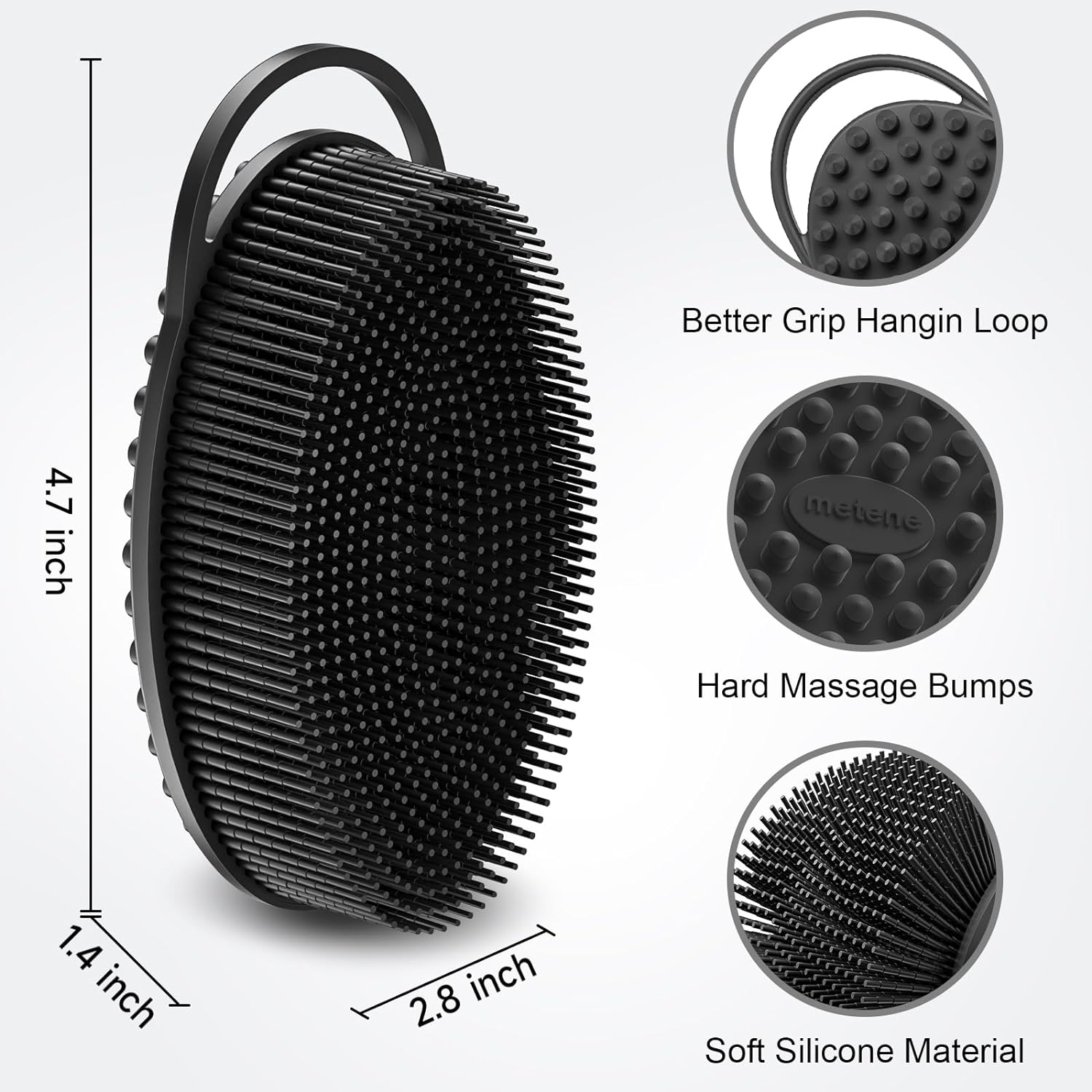 Metene Silicone Body Scrubber, Exfoliating Body Scrubber for Use in Shower,Lathers Well, Long Lasting, Soft Body Scrubber for Shower and Bath Skincare Routine(Black with Loop)