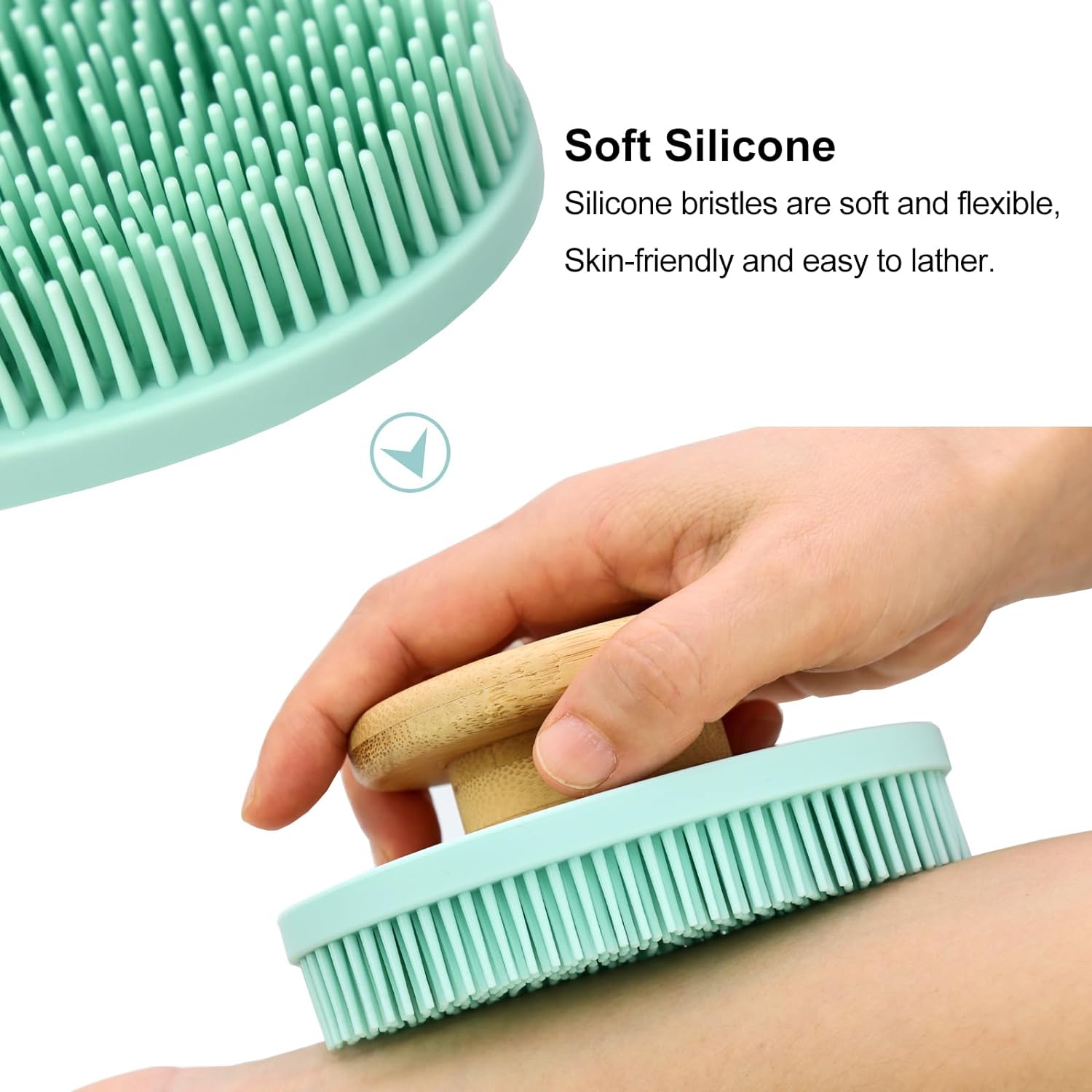 Ozner Food-Grade Soft Silicone Body Scrubber Shower Brush, Cleans and Removes Dead Skin - Foam-Rich Brush, Non-Slip Bamboo Handle Silicone Loofah, Durable and Easy to Clean, 1pc (Pink)