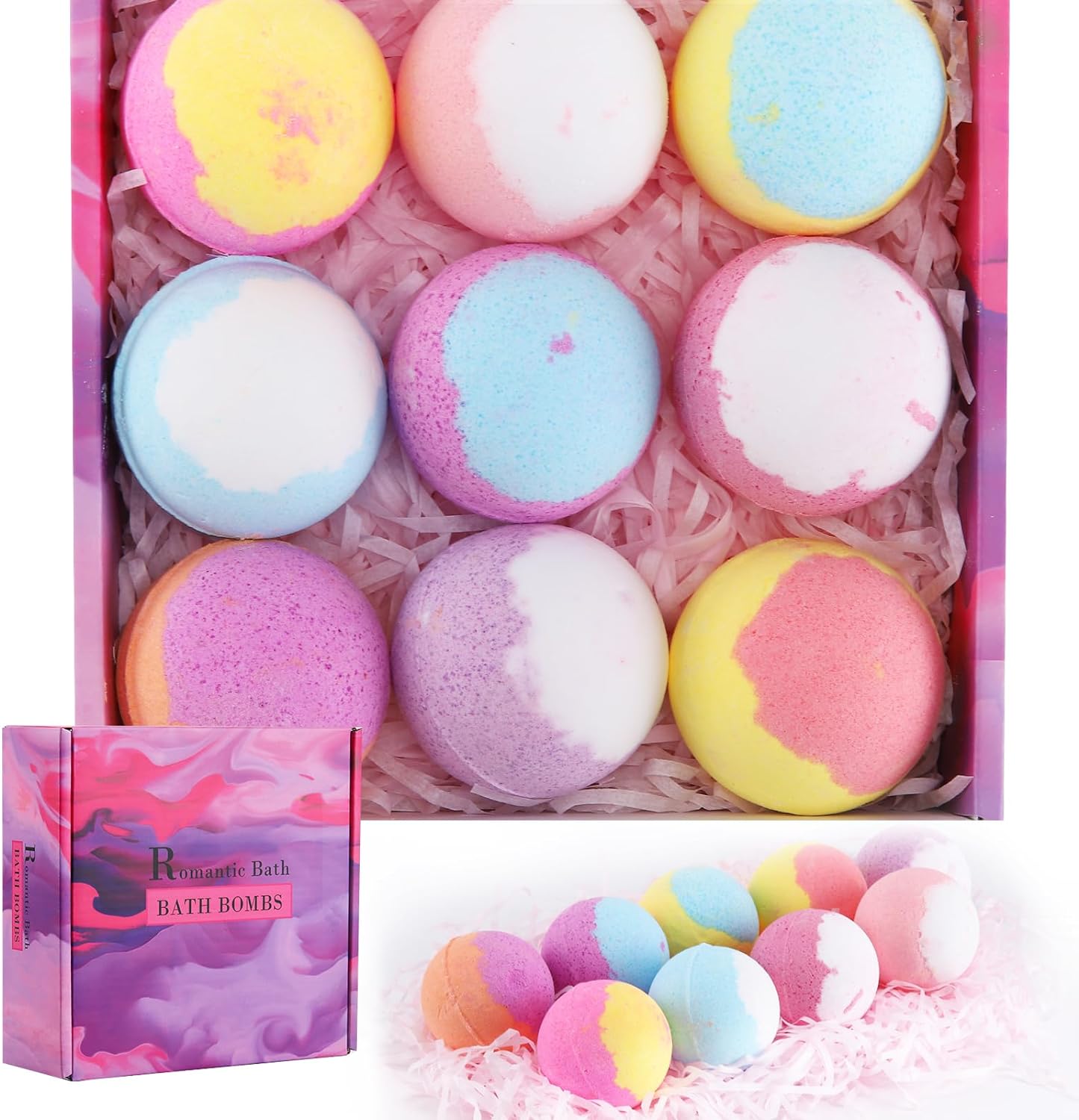 9-Pack Organic Bath Bombs: A Romantic Bath Time Gift with Natural Essential Oils for Women, Men, and Kids - Ideal for Stocking Stuffers and Christmas Gifts