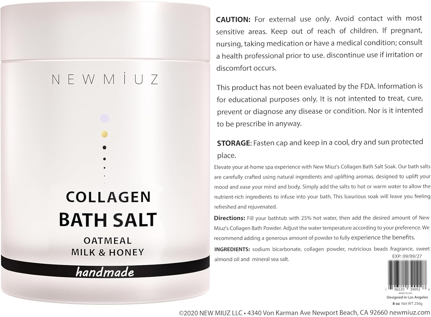 Collagen Bath Salt Soak Moisturize Soften Skin Magnesium Coconut Oatmeal Honey Epsom Salt Luxury Spa Destress Relaxation Gifts for Women and Men