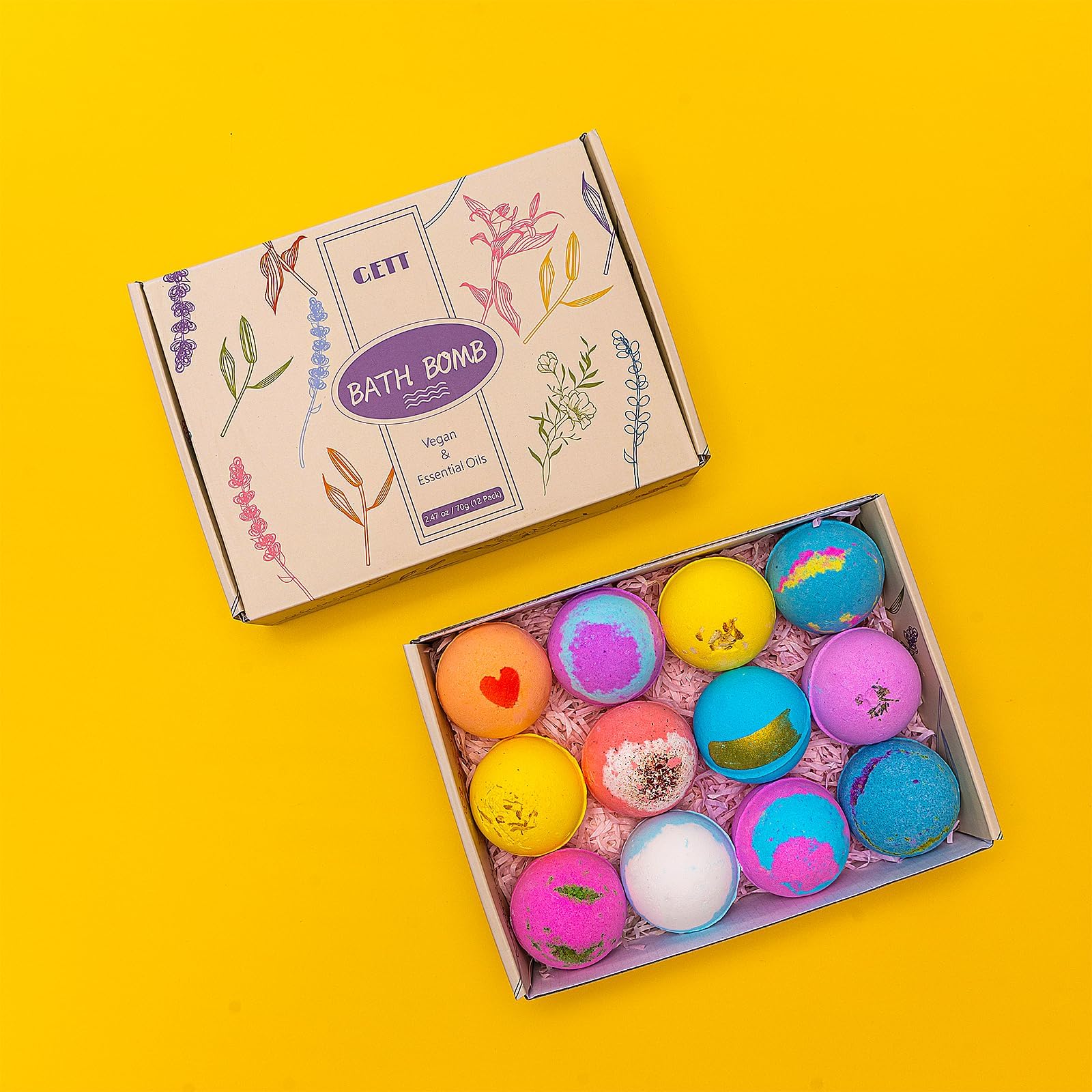 GETT Lavender Bath Bombs 4-pcs, Individually Wrapped Bath Bombs for Men & Women, Luxury Gift Set with Vegan and Essential Oils, Relaxing and Moisturizing Bubble Bath, Organic Bath Essentials for All