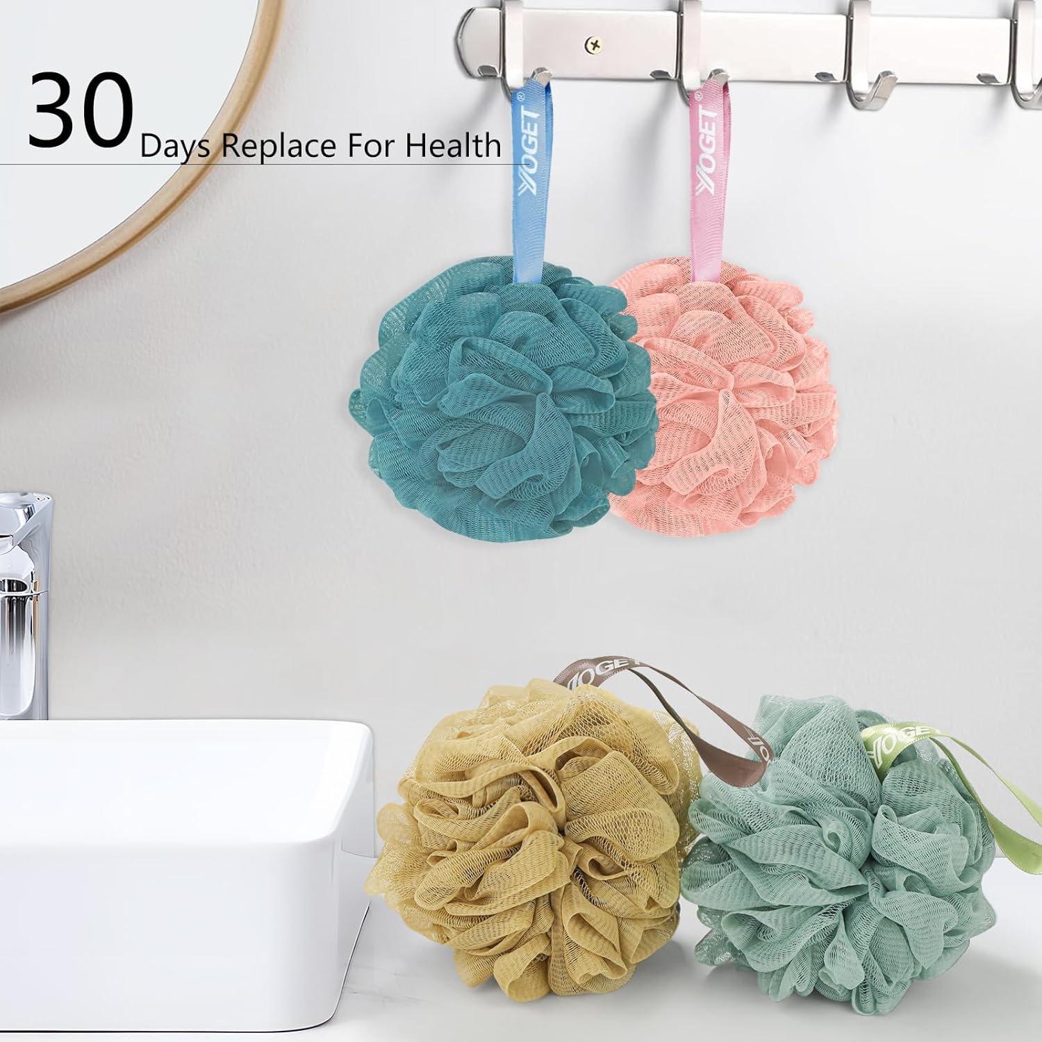 Yoget Charcoal Bath Loofah Sponge, 4 Pack Black 60G Large Shower Mesh Ball Soft Pouf Body Scrubber, Exfoliate, Cleanse, Soothe Skin, Black Loofah with White Trim