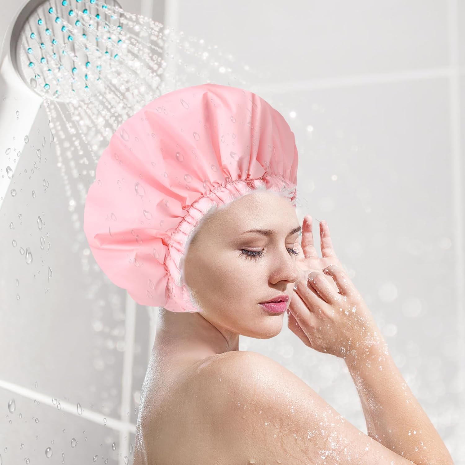 Shower Caps for Women, Terry Cloth Lined EVA Exterior Elastic and Reusable Bath Caps, Double Waterproof Layers Shower Cap, Bathing Shower Caps, Environmental Protection Bath Hair Cap - Pink