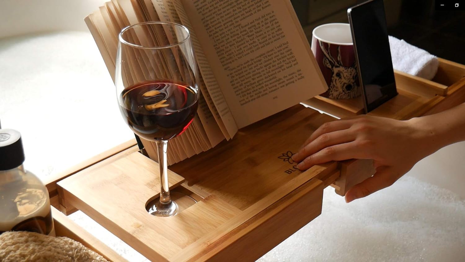 Blooming Lily Sturdily Designed Bath Tray with Wine Glass Holder, Ipad Stand and More Suitable for Most Baths (Natural)