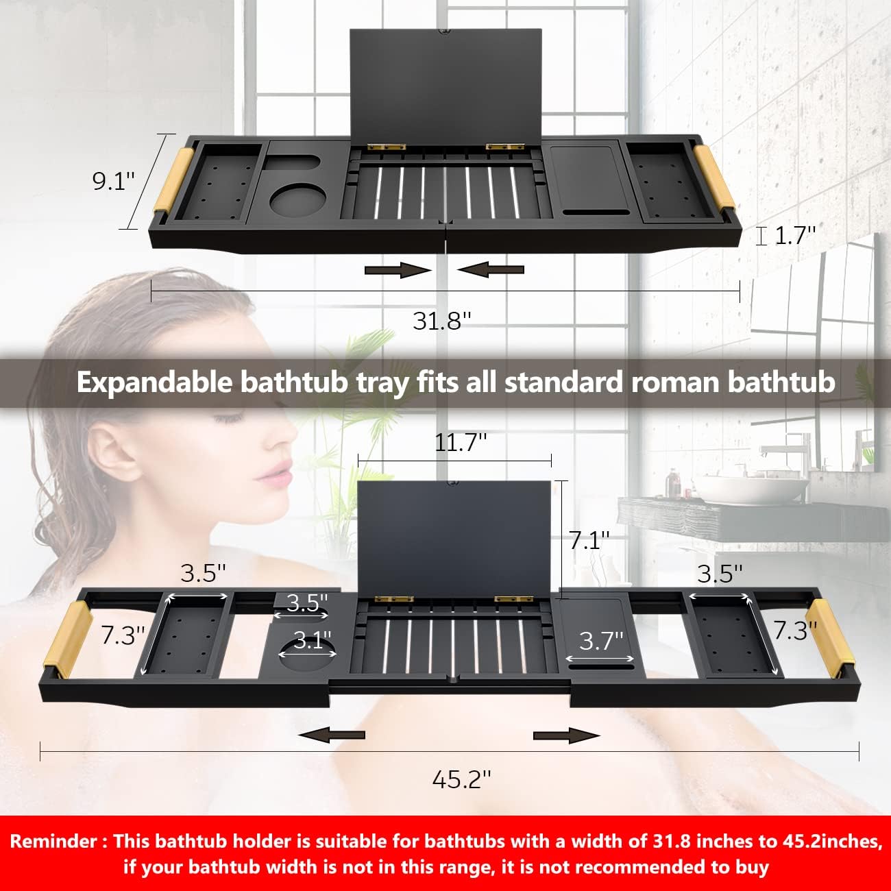 Bathtub Tray Luxury Bathtub Caddy, Expandable Bath Tray with Leather Grip, Adjustable 1 or 2 Person Bath Table Bed Tray with Slots for book Phone holder, Bamboo Bathroom Organizer & Accessories, White