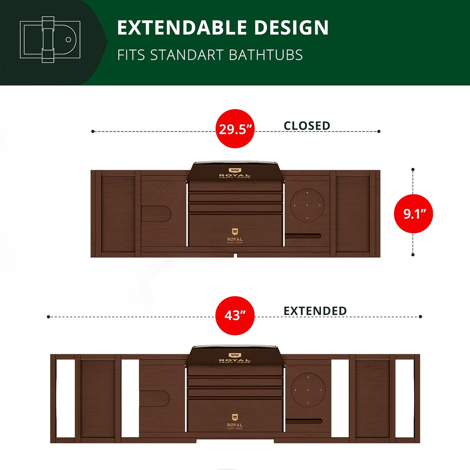 ROYAL CRAFT WOOD Foldable Bathtub Tray Caddy Bamboo Bathtub Tray Expandable, Bath Tub Table Caddy with Extending Sides - Free Soap Dish