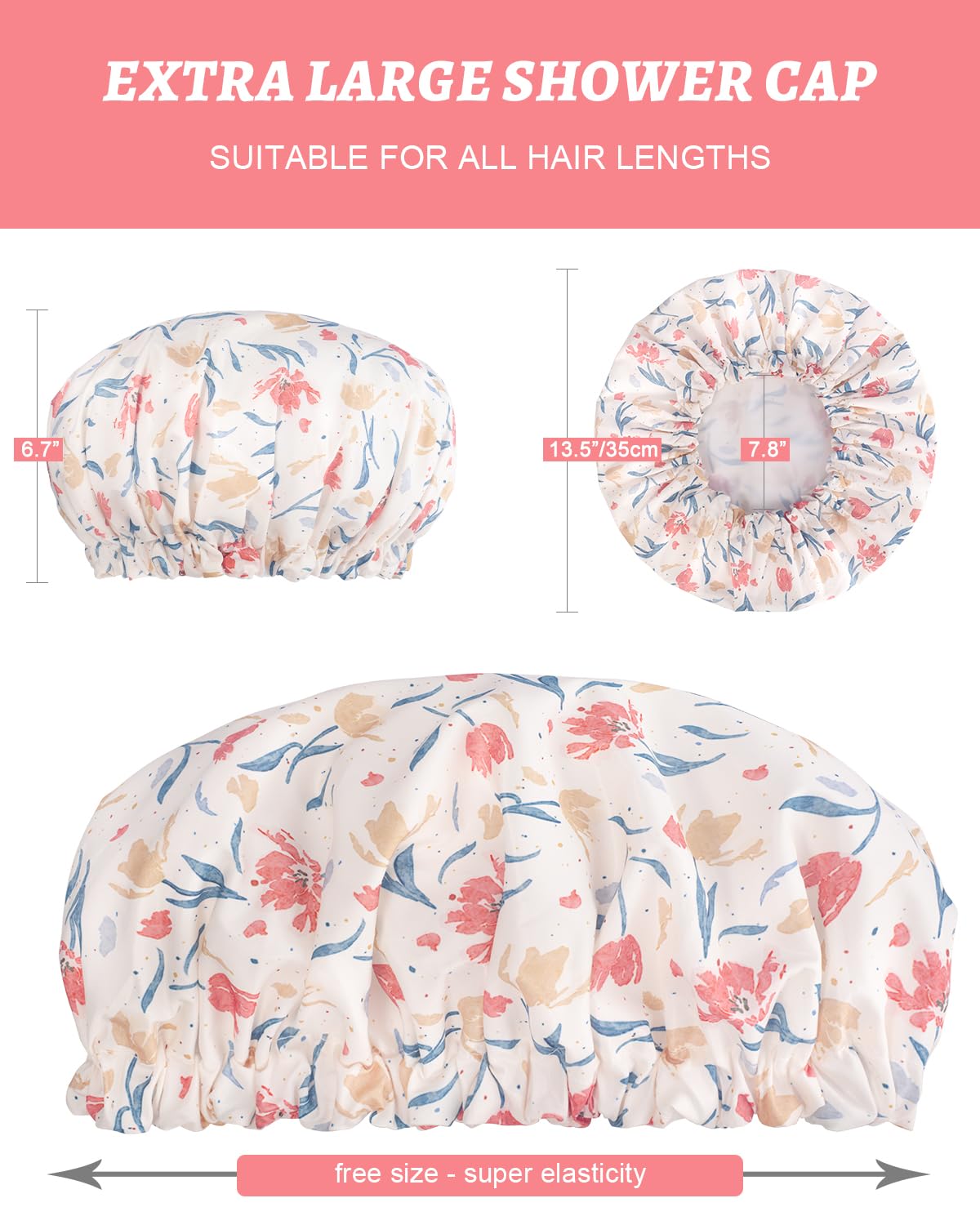 Aquior Shower Caps, Double Layer Waterproof Shower Cap for Women, Reusable Large Shower Cap for all Hair Lengths with EVA Lining, Soft Bath Shower Caps