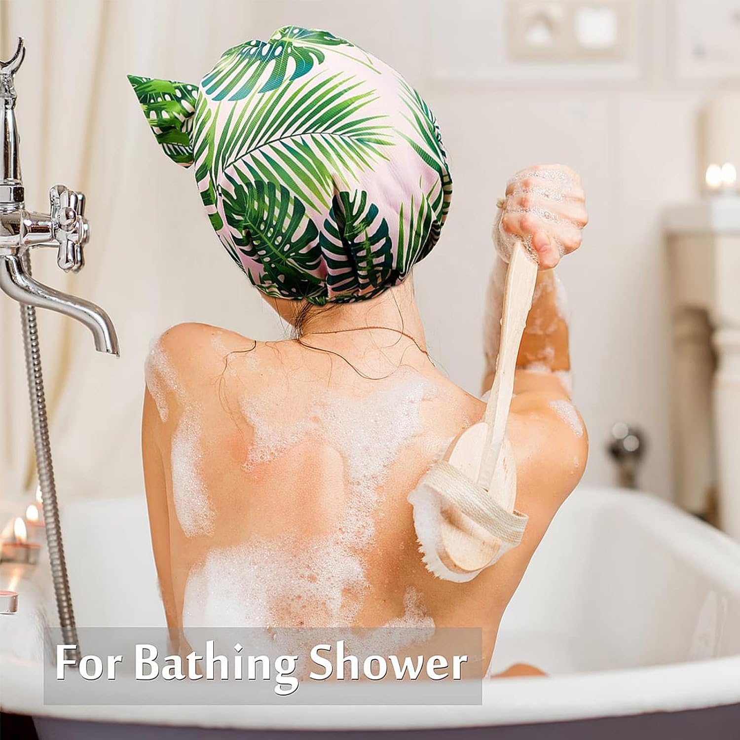 Floraltop 4 Pcs Shower Caps for Women, Waterproof Reusable Shower Hair Caps Bowknot Satin Bath Hair Caps Elastic Hem Turban Shower Bath Caps for Long Short Curly Hair Women Girls (Stripe)