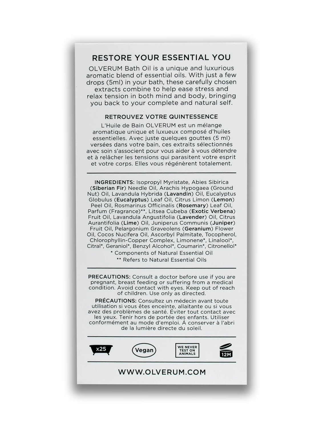 OLVERUM - Natural Bath Oil | Vegan, Cruelty-Free, Revitalizing Clean Beauty Bath Oil (4.25 fl oz | 125 ml)